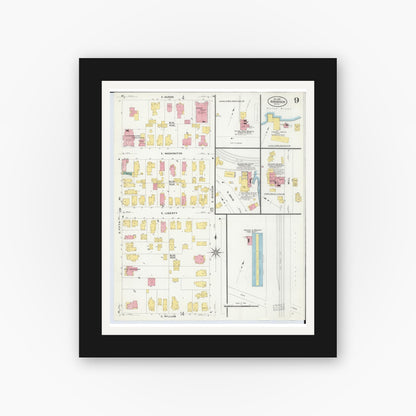 Old map wall art mockup — black gallery frame with white mat — Sanborn Fire Insurance Map from Ann Arbor, Washtenaw County, Michigan (1908), Sheet #0009