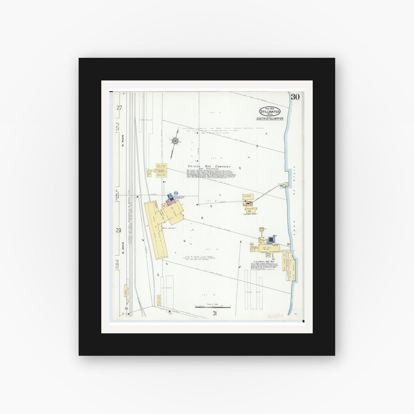 Old map wall art mockup — black gallery frame with white mat — Sanborn Fire Insurance Map from Stillwater, Washington County, Minnesota (1910), Sheet #0030