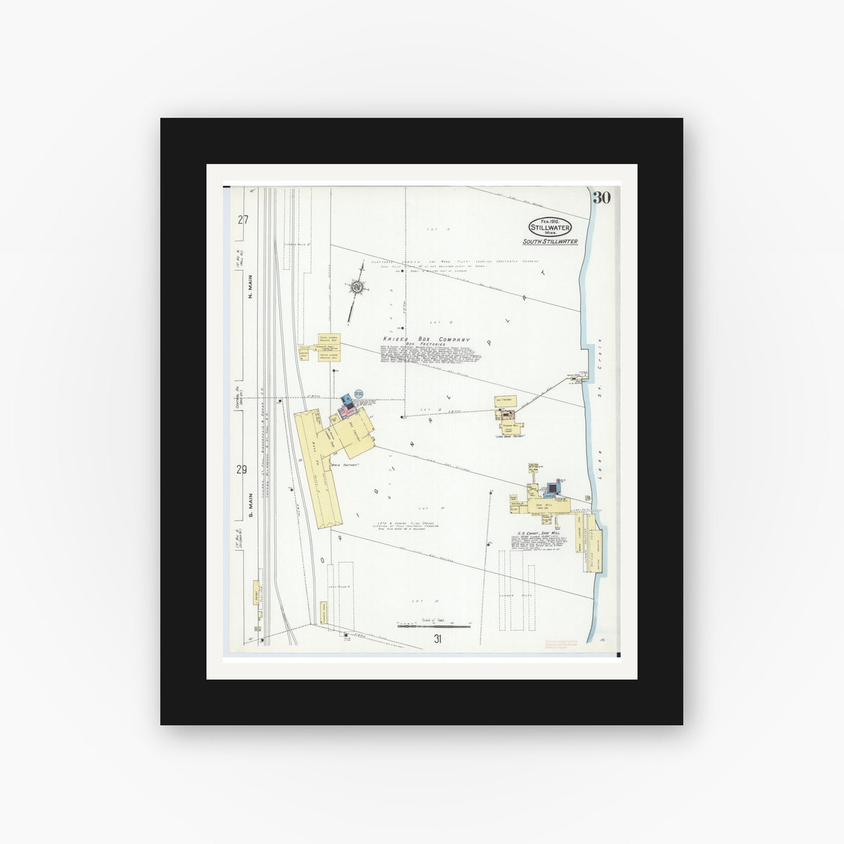 Old map wall art mockup — black gallery frame with white mat — Sanborn Fire Insurance Map from Stillwater, Washington County, Minnesota (1910), Sheet #0030