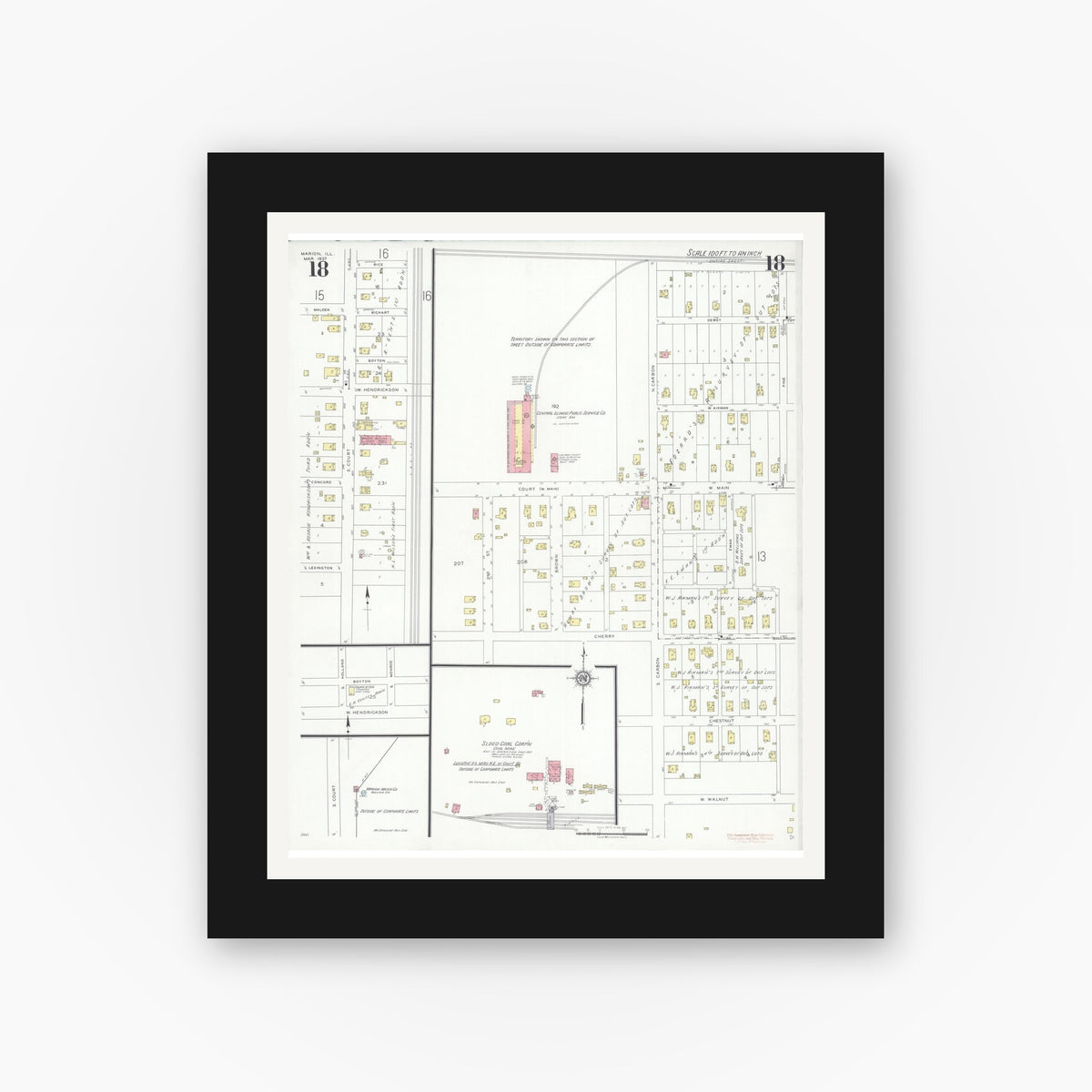 Old map wall art mockup — black gallery frame with white mat — Sanborn Fire Insurance Map from Marion, Williamson County, Illinois (1937), Sheet #0018