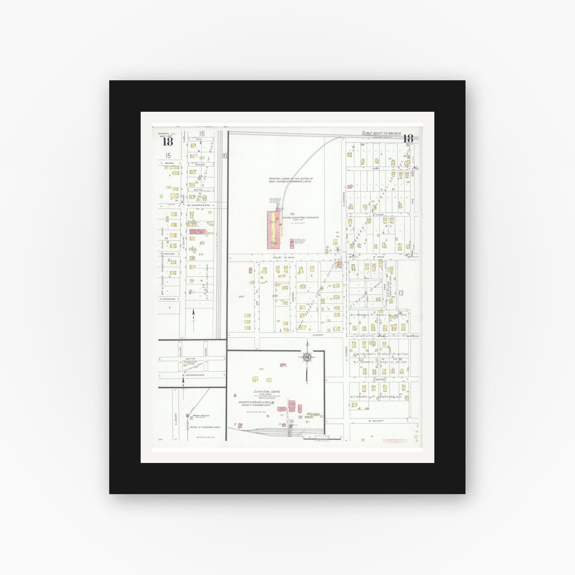 Old map wall art mockup — black gallery frame with white mat — Sanborn Fire Insurance Map from Marion, Williamson County, Illinois (1937), Sheet #0018
