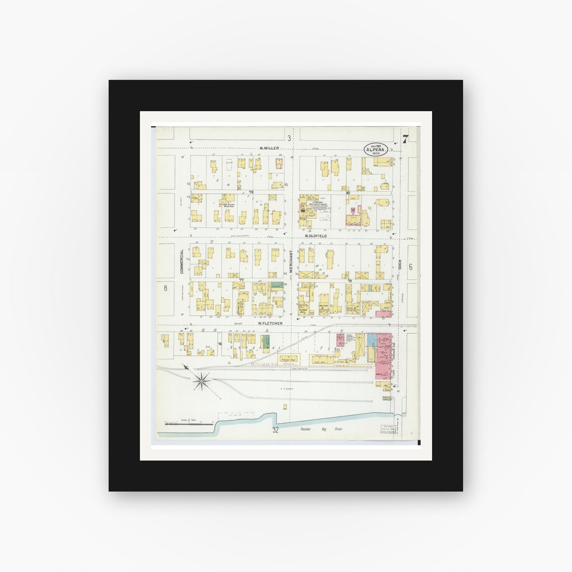 Old map wall art mockup — black gallery frame with white mat — Sanborn Fire Insurance Map from Alpena, Alpena County, Michigan (1901), Sheet #0007