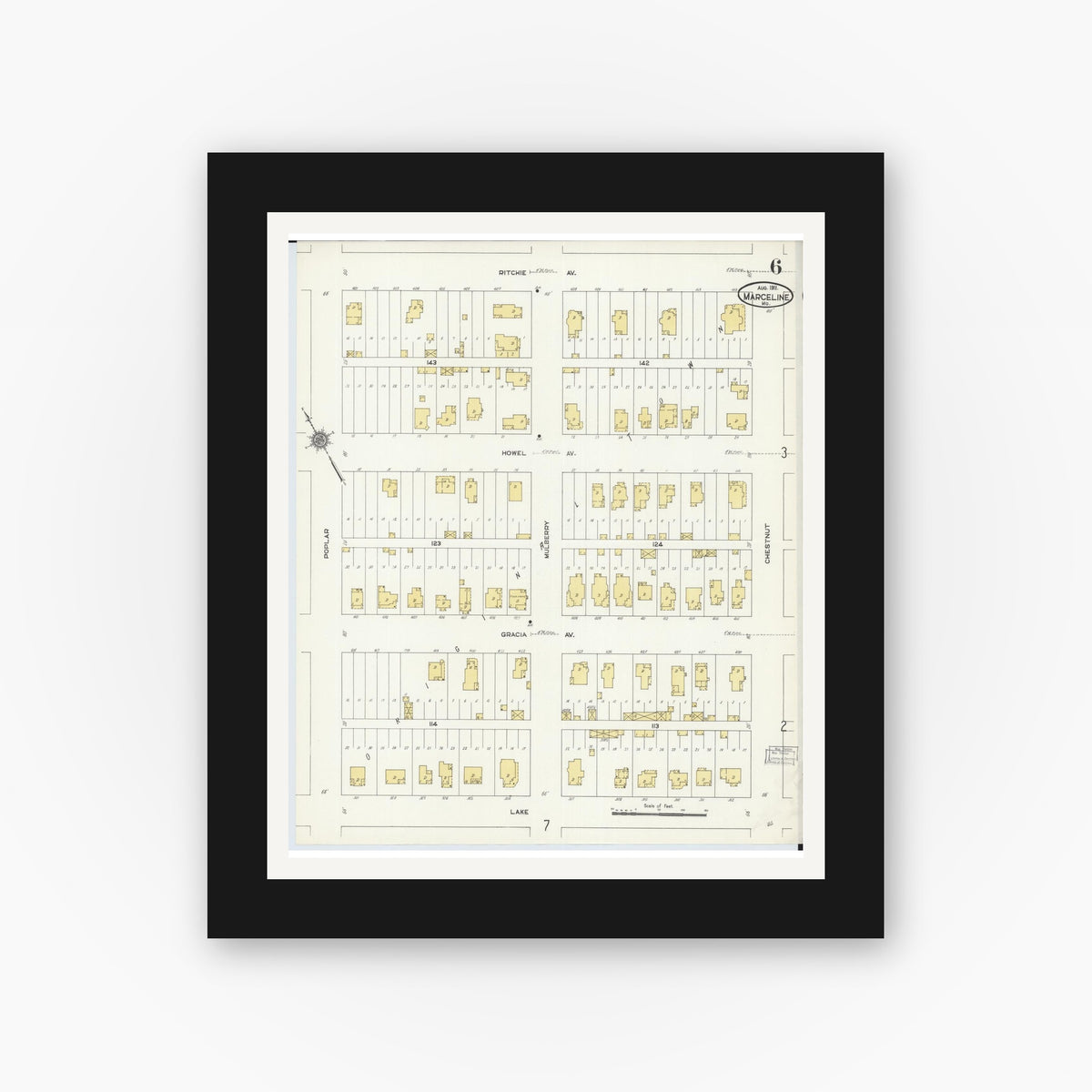 Old map wall art mockup — black gallery frame with white mat — Sanborn Fire Insurance Map from Marceline, Linn County, Missouri (1911), Sheet #0006