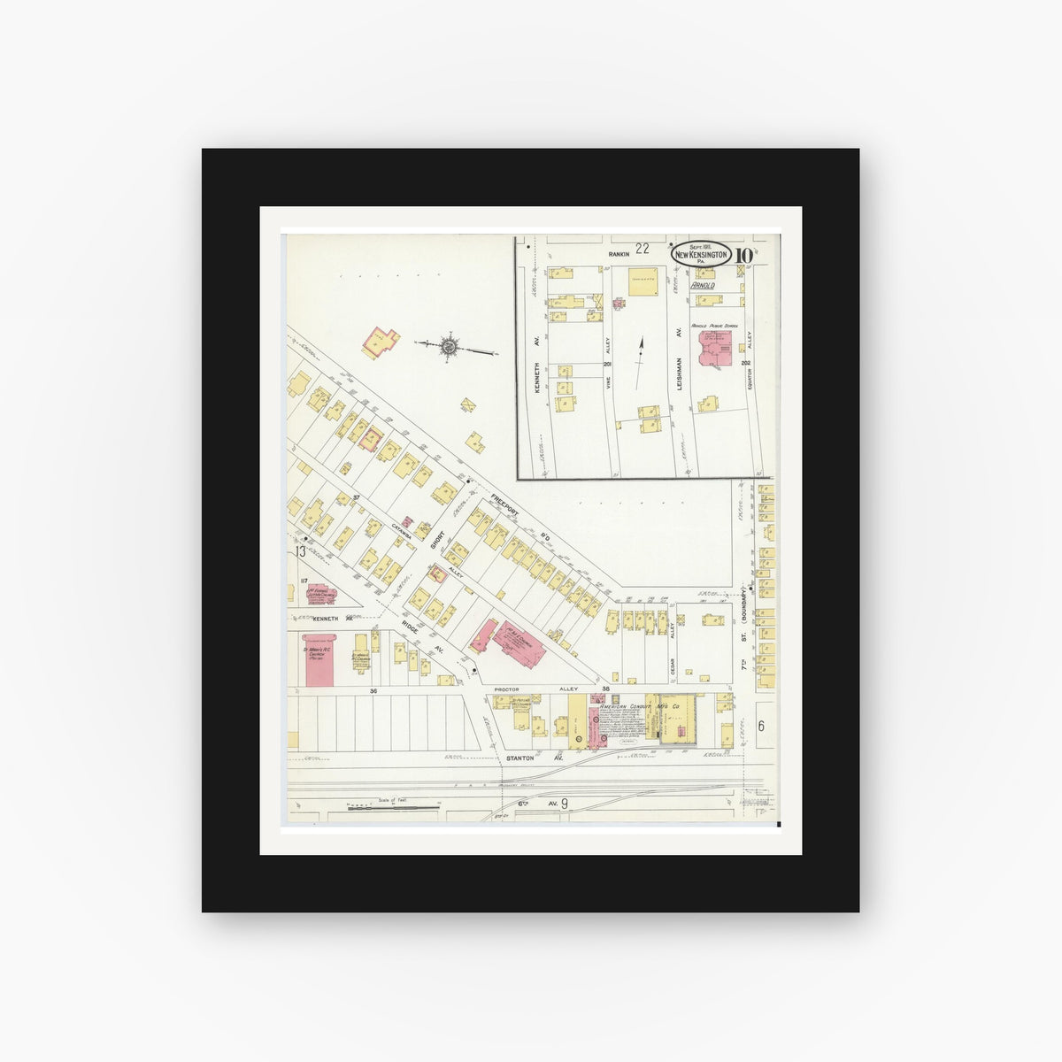 Old map wall art mockup — black gallery frame with white mat — Sanborn Fire Insurance Map from New Kensington, Westmoreland County, Pennsylvania (1911), Sheet #0010