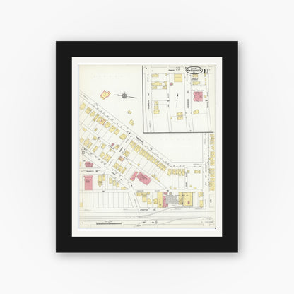 Old map wall art mockup — black gallery frame with white mat — Sanborn Fire Insurance Map from New Kensington, Westmoreland County, Pennsylvania (1911), Sheet #0010