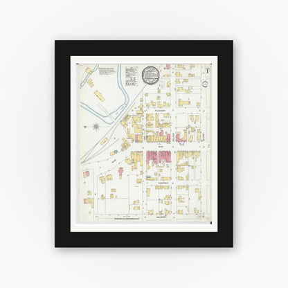 Old map wall art mockup — black gallery frame with white mat — Sanborn Fire Insurance Map from Fredericktown, Knox County, Ohio (1901), Sheet #0001
