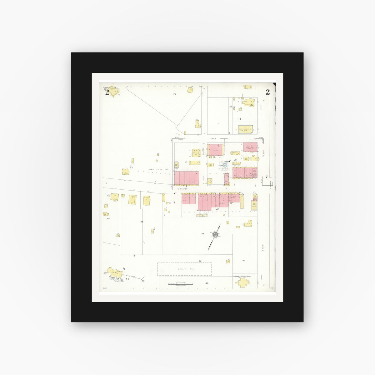 Old map wall art mockup — black gallery frame with white mat — Sanborn Fire Insurance Map from Elkhart, Anderson County, Texas (1937), Sheet #0002