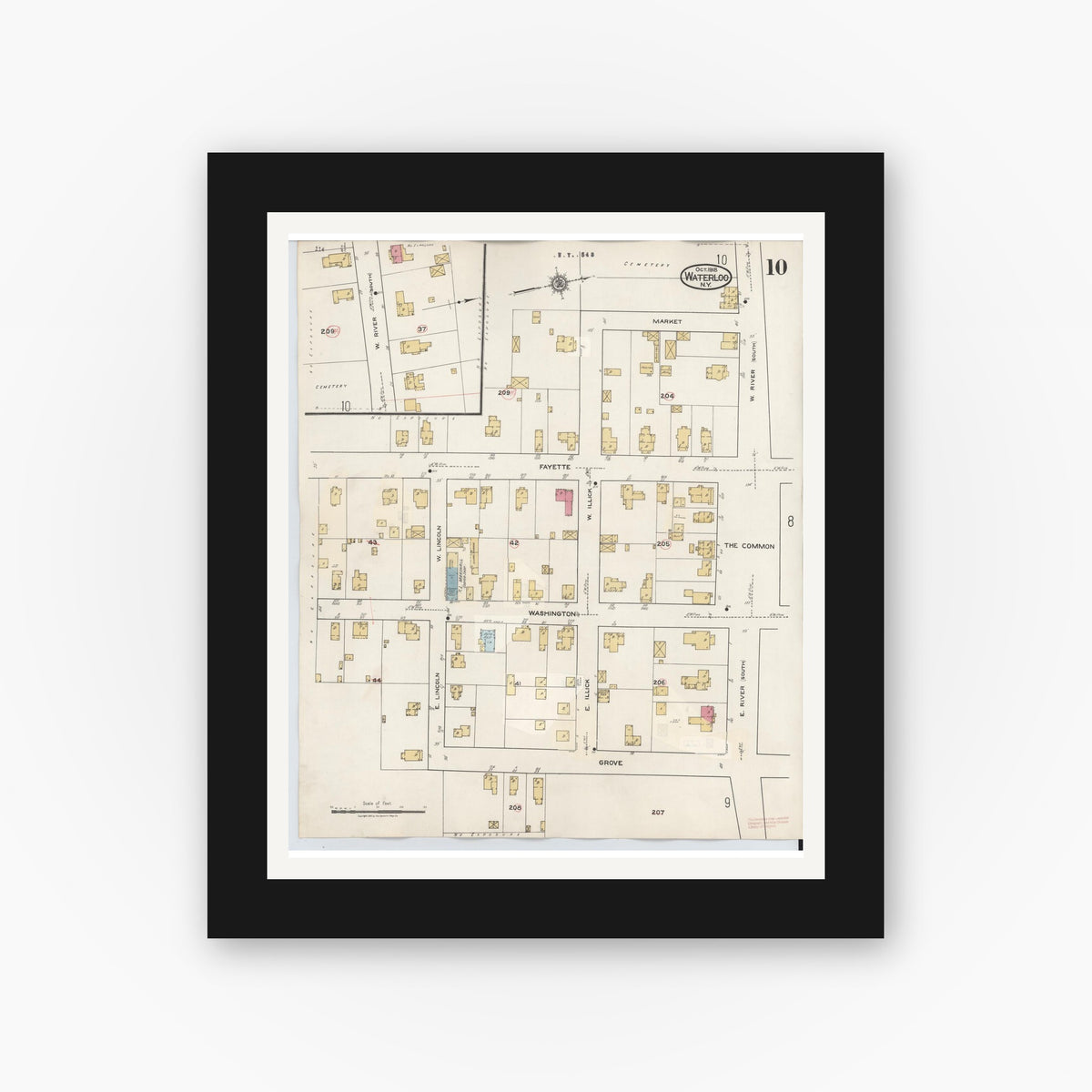 Old map wall art mockup — black gallery frame with white mat — Sanborn Fire Insurance Map from Waterloo, Seneca County, New York (1948), Sheet #0010
