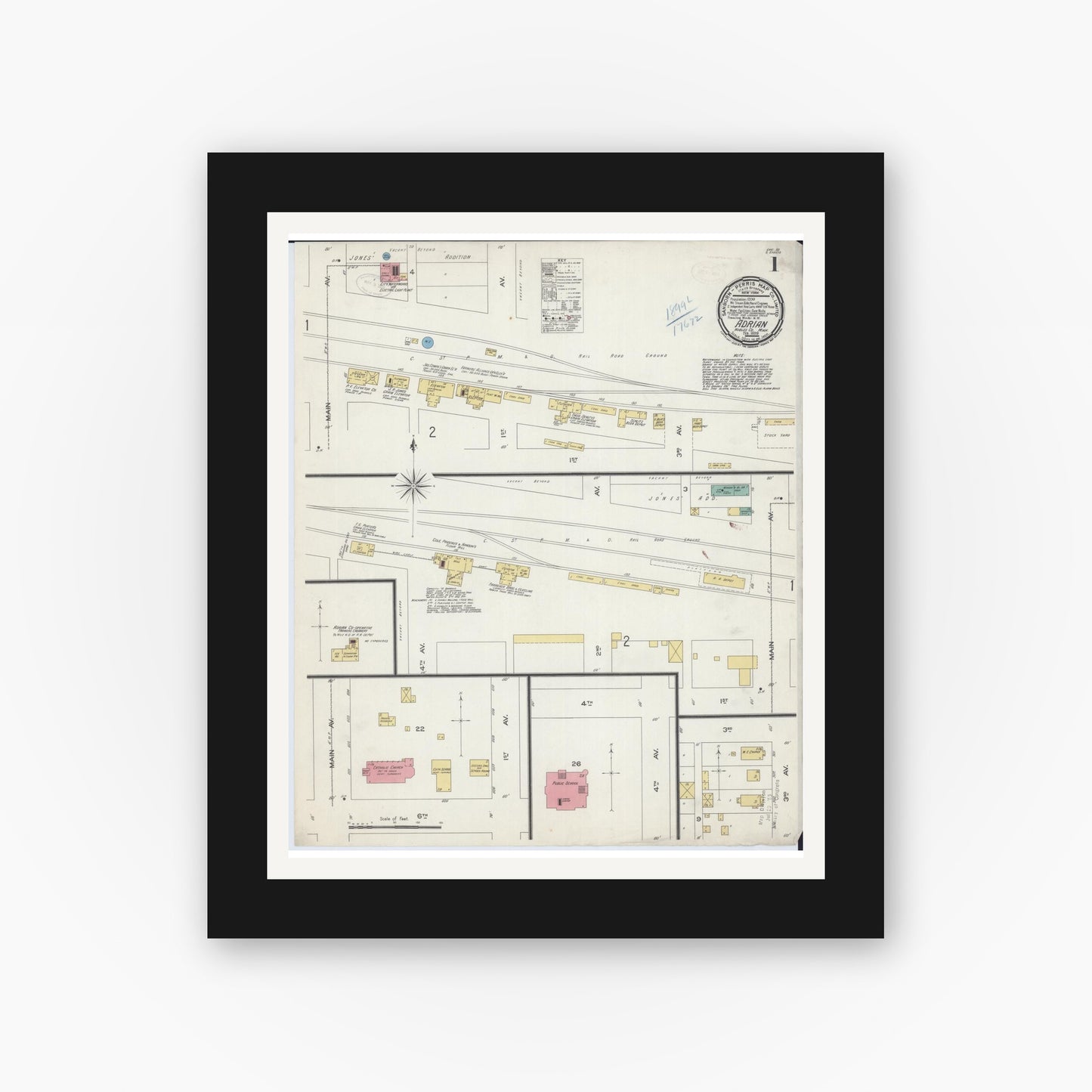 Old map wall art mockup — black gallery frame with white mat — Sanborn Fire Insurance Map from Adrian, Nobles County, Minnesota (1899), Sheet #0001