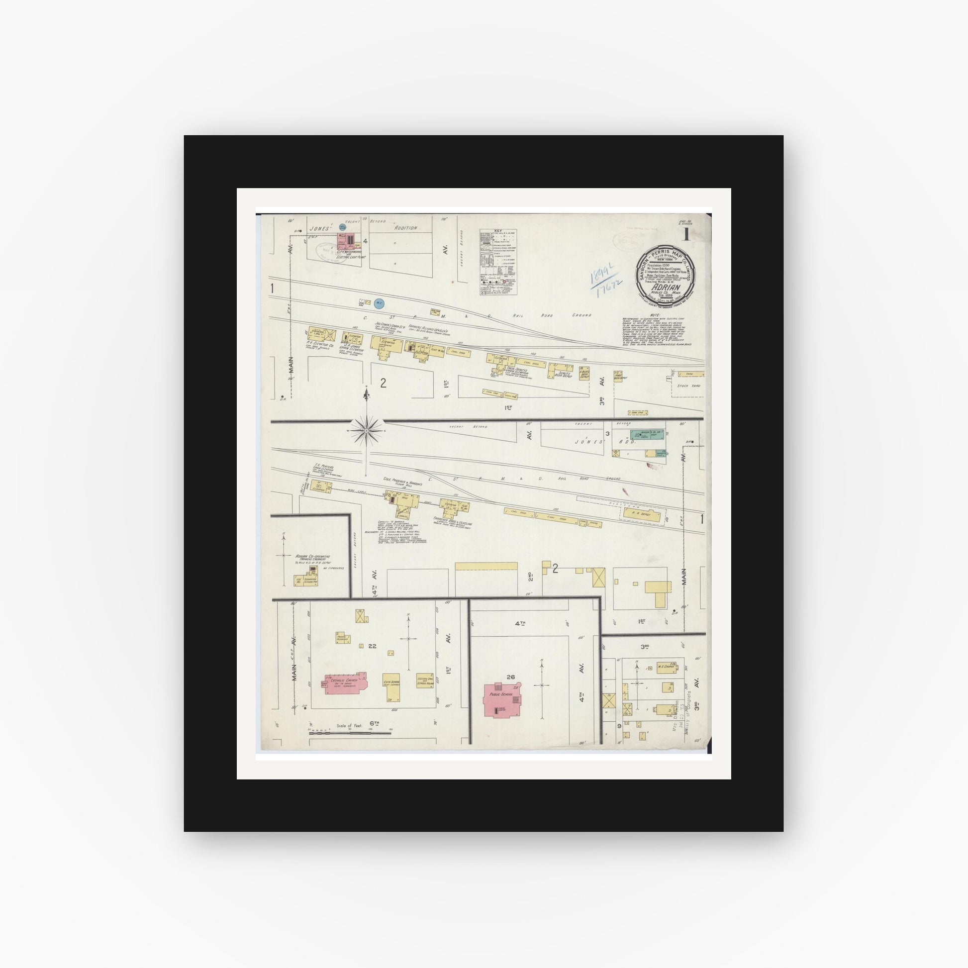Old map wall art mockup — black gallery frame with white mat — Sanborn Fire Insurance Map from Adrian, Nobles County, Minnesota (1899), Sheet #0001