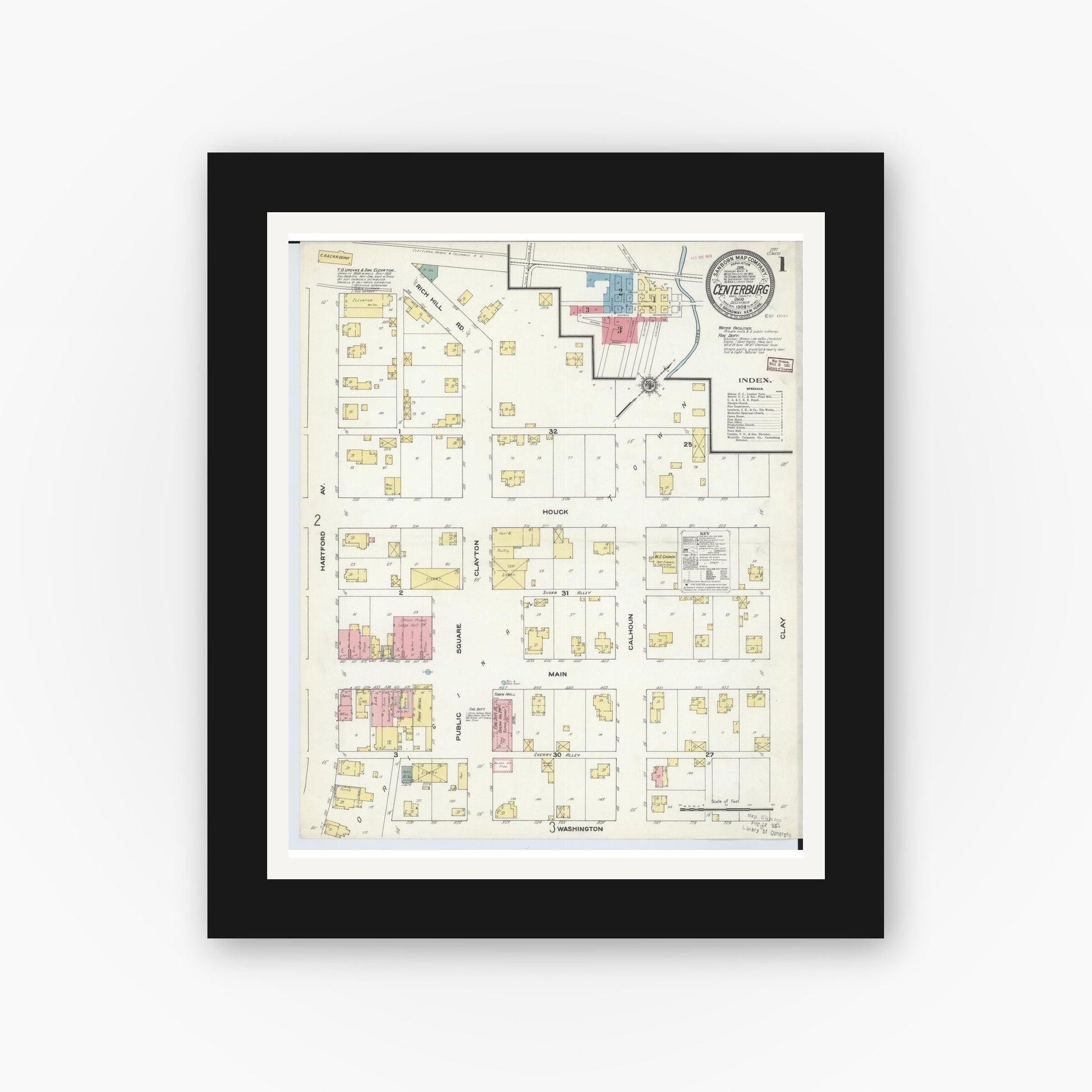 Old map wall art mockup — black gallery frame with white mat — Sanborn Fire Insurance Map from Centerburg, Knox County, Ohio (1909) - Complete Map Set