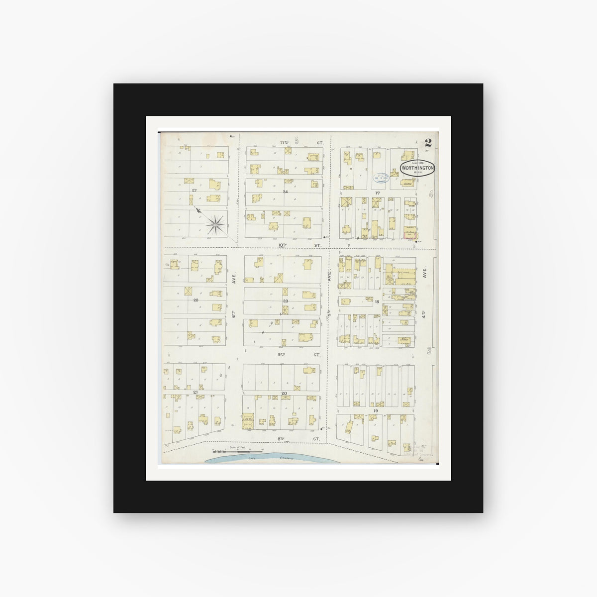 Old map wall art mockup — black gallery frame with white mat — Sanborn Fire Insurance Map from Worthington, Nobles County, Minnesota (1894), Sheet #0002