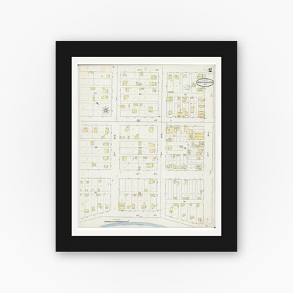 Old map wall art mockup — black gallery frame with white mat — Sanborn Fire Insurance Map from Worthington, Nobles County, Minnesota (1894), Sheet #0002