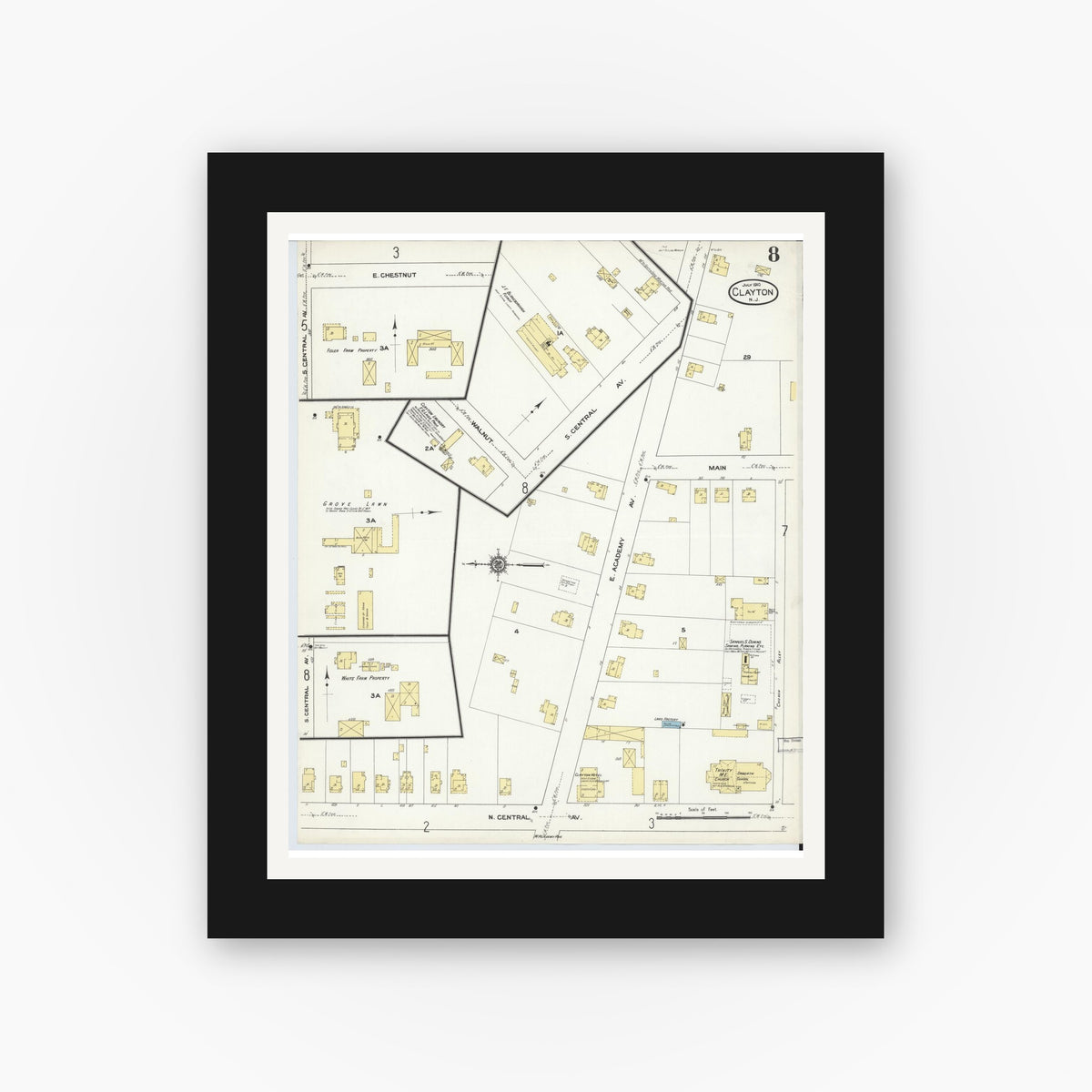 Old map wall art mockup — black gallery frame with white mat — Sanborn Fire Insurance Map from Clayton, Gloucester County, New Jersey (1910), Sheet #0008