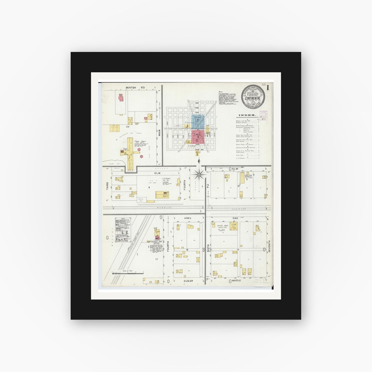 Old map wall art mockup — black gallery frame with white mat — Sanborn Fire Insurance Map from Continental, Putnam County, Ohio (1901), Sheet #0001