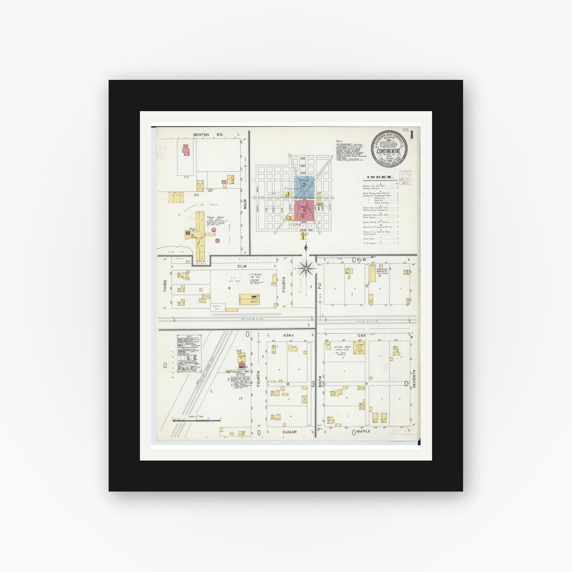 Old map wall art mockup — black gallery frame with white mat — Sanborn Fire Insurance Map from Continental, Putnam County, Ohio (1901), Sheet #0001
