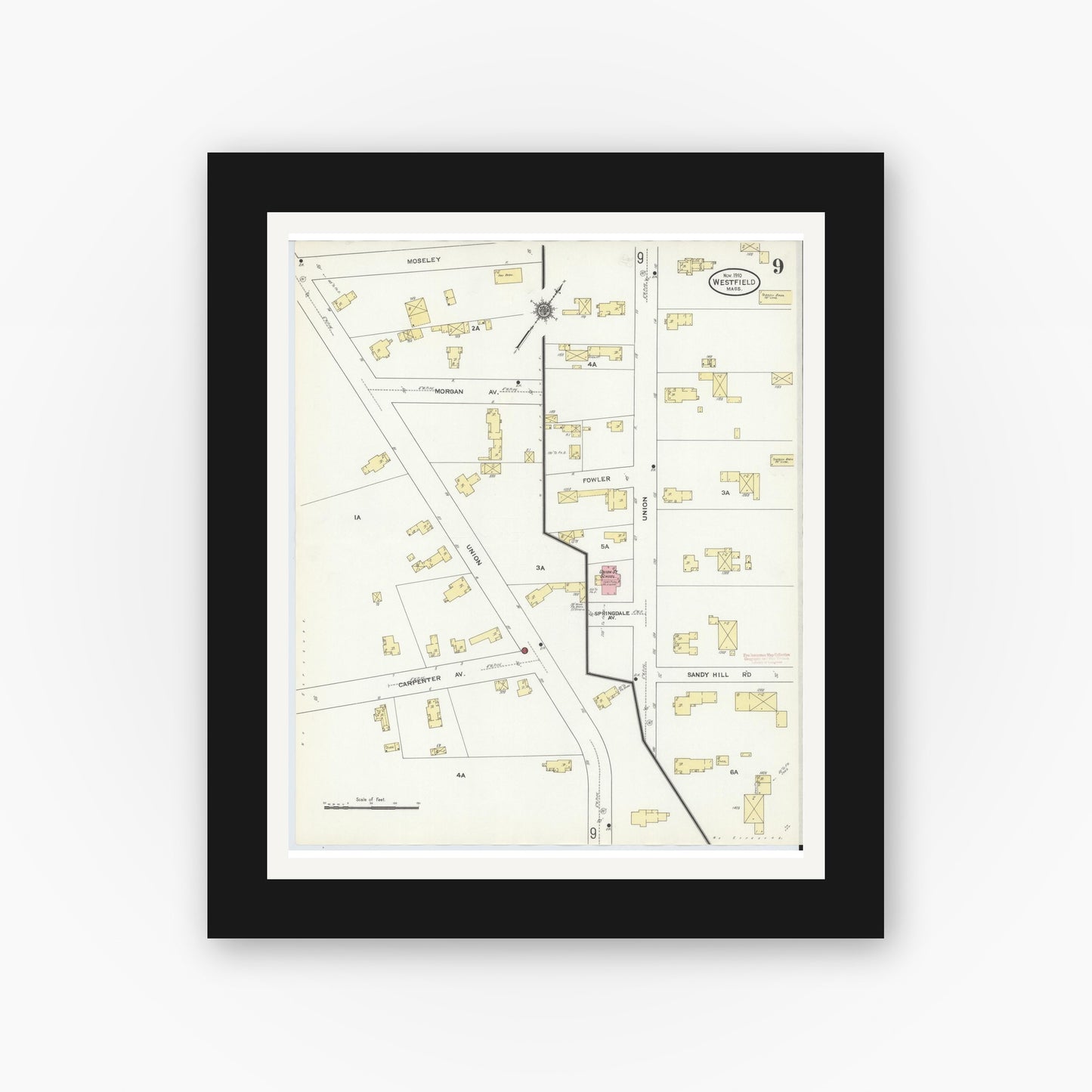 Old map wall art mockup — black gallery frame with white mat — Sanborn Fire Insurance Map from Westfield, Hampden County, Massachusetts (1910), Sheet #0009
