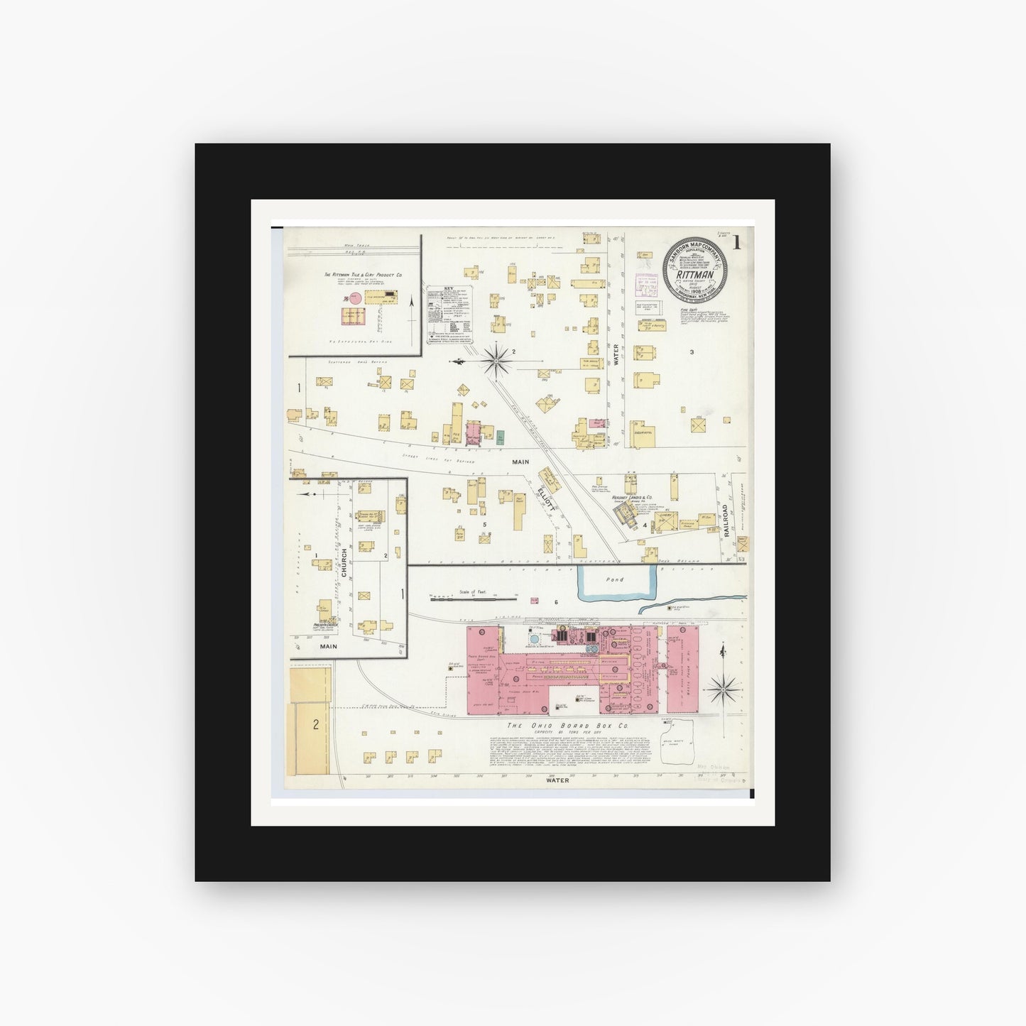 Old map wall art mockup — black gallery frame with white mat — Sanborn Fire Insurance Map from Rittman, Wayne County, Ohio (1908), Sheet #0001
