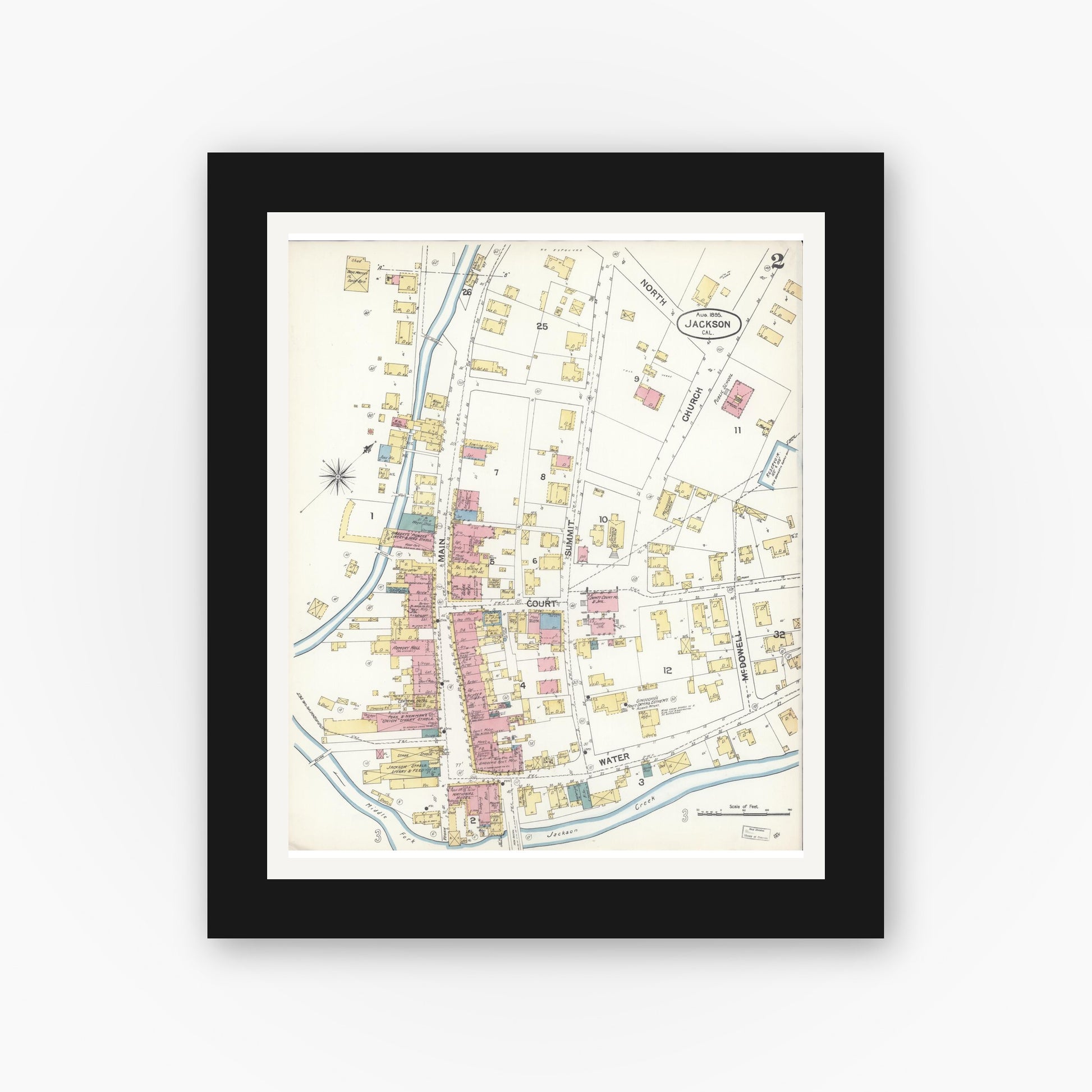Old map wall art mockup — black gallery frame with white mat — Sanborn Fire Insurance Map from Jackson, Amador County, California (1895), Sheet #0002