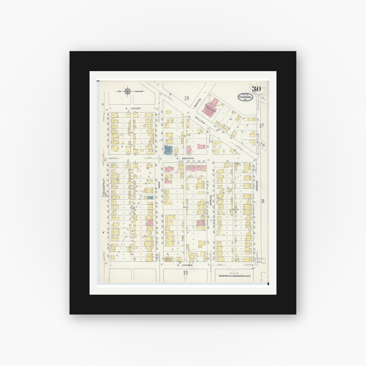 Old map wall art mockup — black gallery frame with white mat — Sanborn Fire Insurance Map from Hannibal, Marion County, Missouri (1913), Sheet #0030