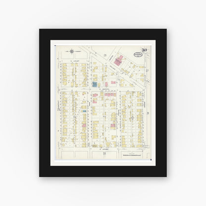 Old map wall art mockup — black gallery frame with white mat — Sanborn Fire Insurance Map from Hannibal, Marion County, Missouri (1913), Sheet #0030