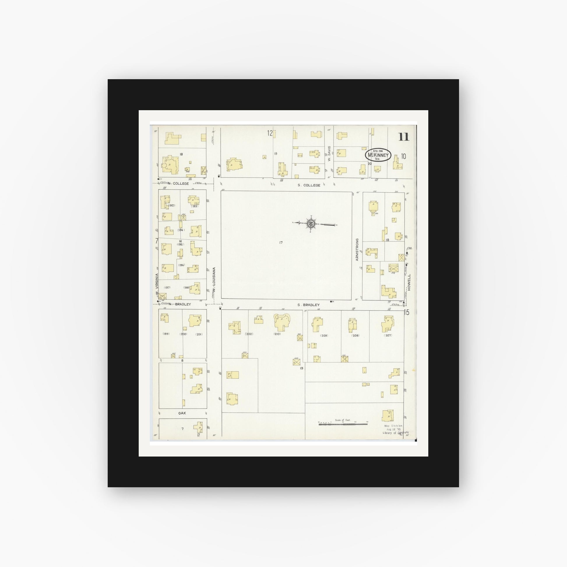 Old map wall art mockup — black gallery frame with white mat — Sanborn Fire Insurance Map from McKinney, Collin County, Texas (1914), Sheet #0011