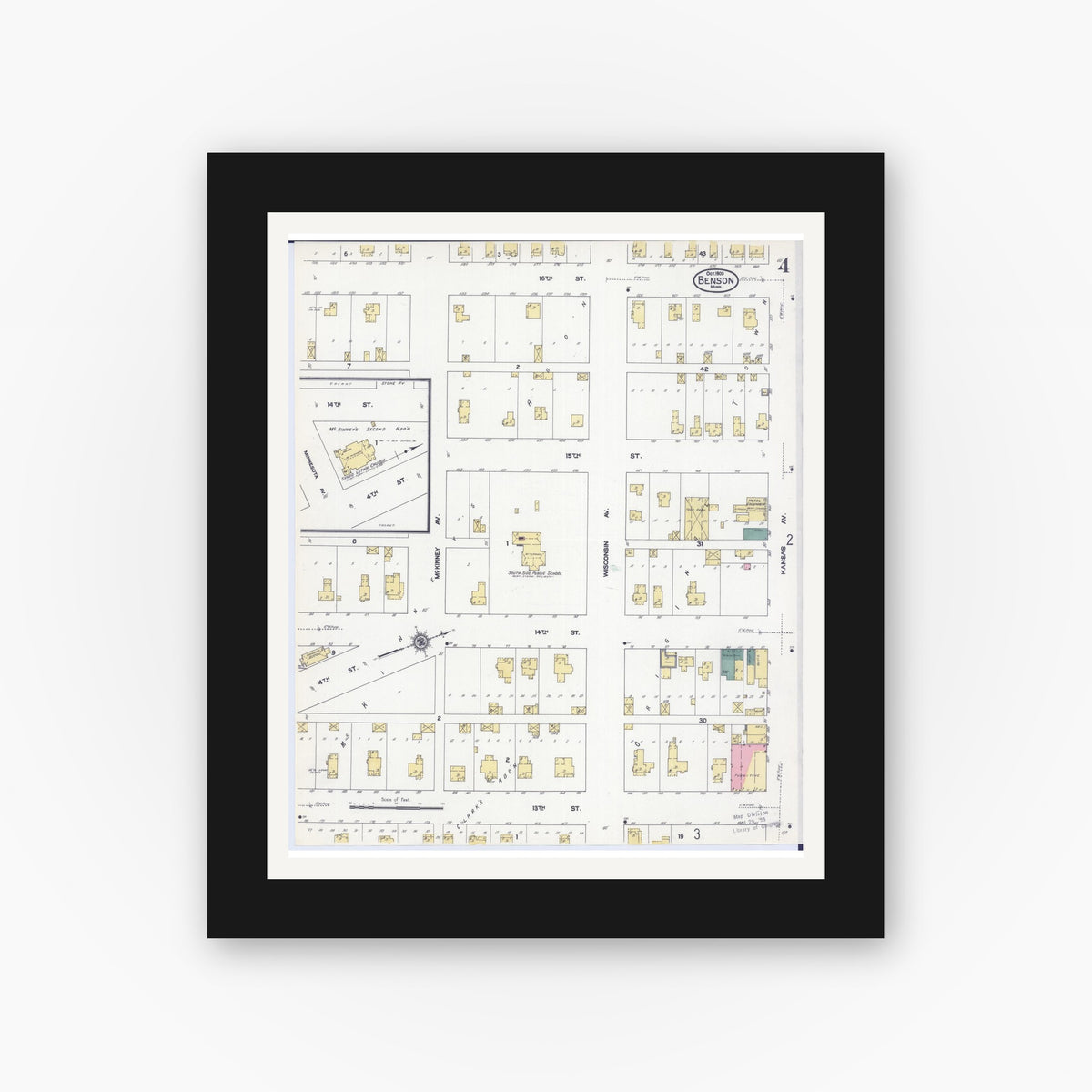 Old map wall art mockup — black gallery frame with white mat — Sanborn Fire Insurance Map from Benson, Swift County, Minnesota (1909), Sheet #0004