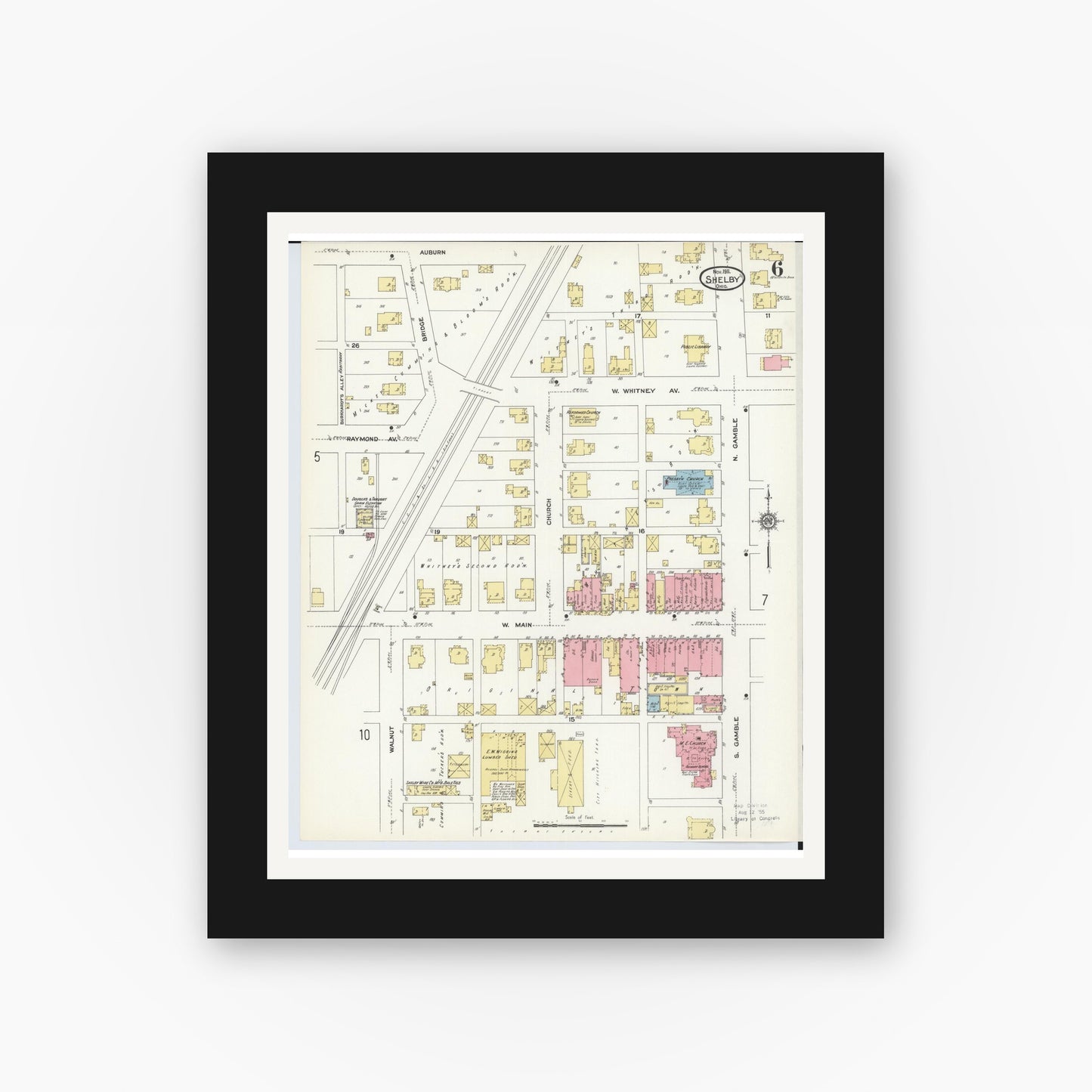 Old map wall art mockup — black gallery frame with white mat — Sanborn Fire Insurance Map from Shelby, Richland County, Ohio (1911), Sheet #0006