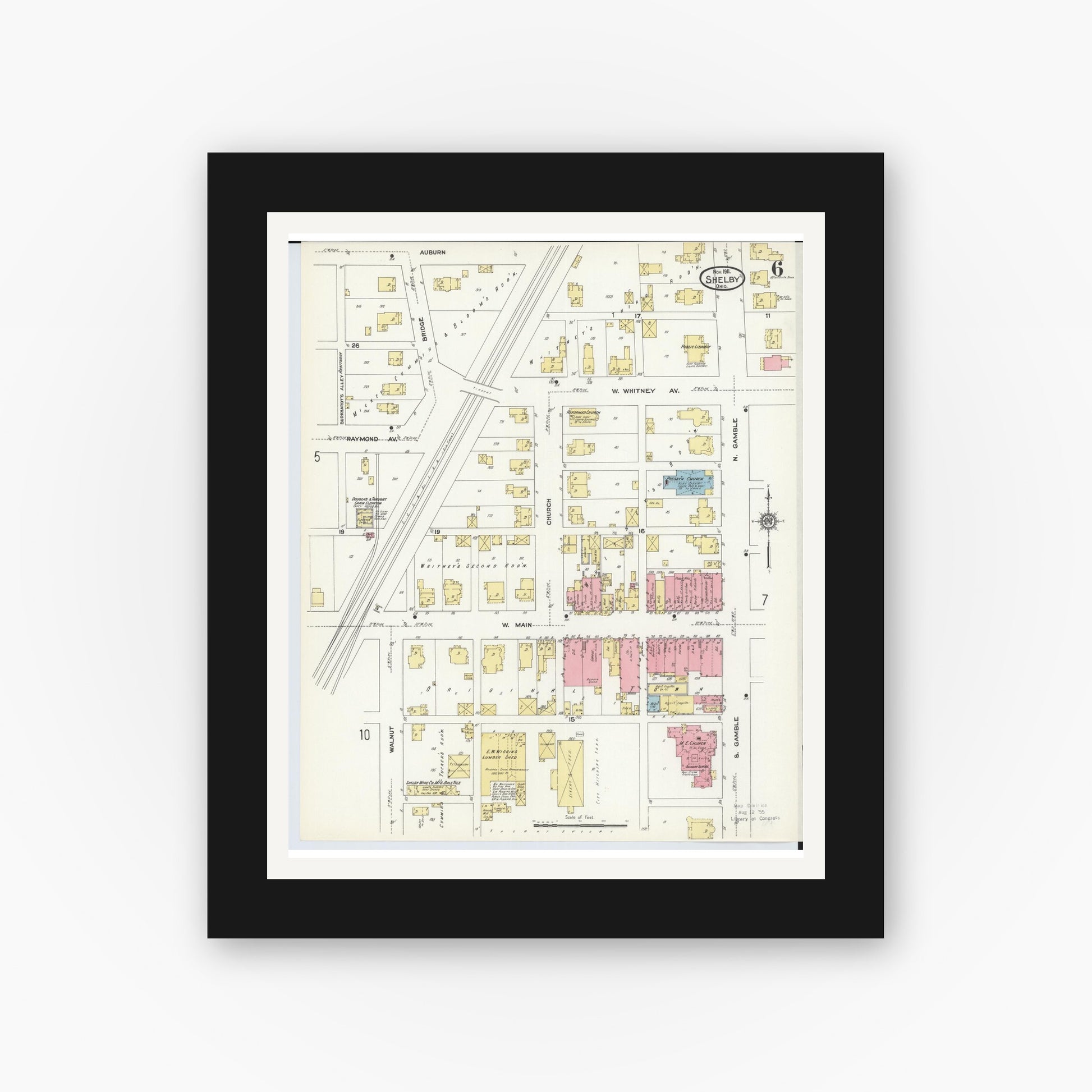 Old map wall art mockup — black gallery frame with white mat — Sanborn Fire Insurance Map from Shelby, Richland County, Ohio (1911), Sheet #0006