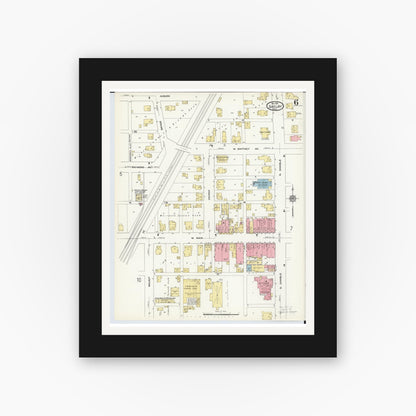 Old map wall art mockup — black gallery frame with white mat — Sanborn Fire Insurance Map from Shelby, Richland County, Ohio (1911), Sheet #0006