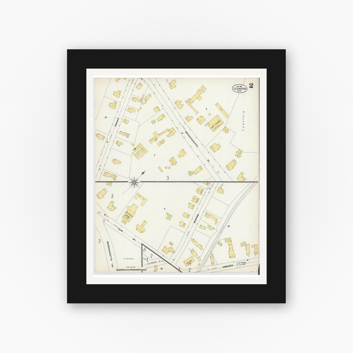 Old map wall art mockup — black gallery frame with white mat — Sanborn Fire Insurance Map from Lexington, Middlesex County, Massachusetts (1903), Sheet #0002