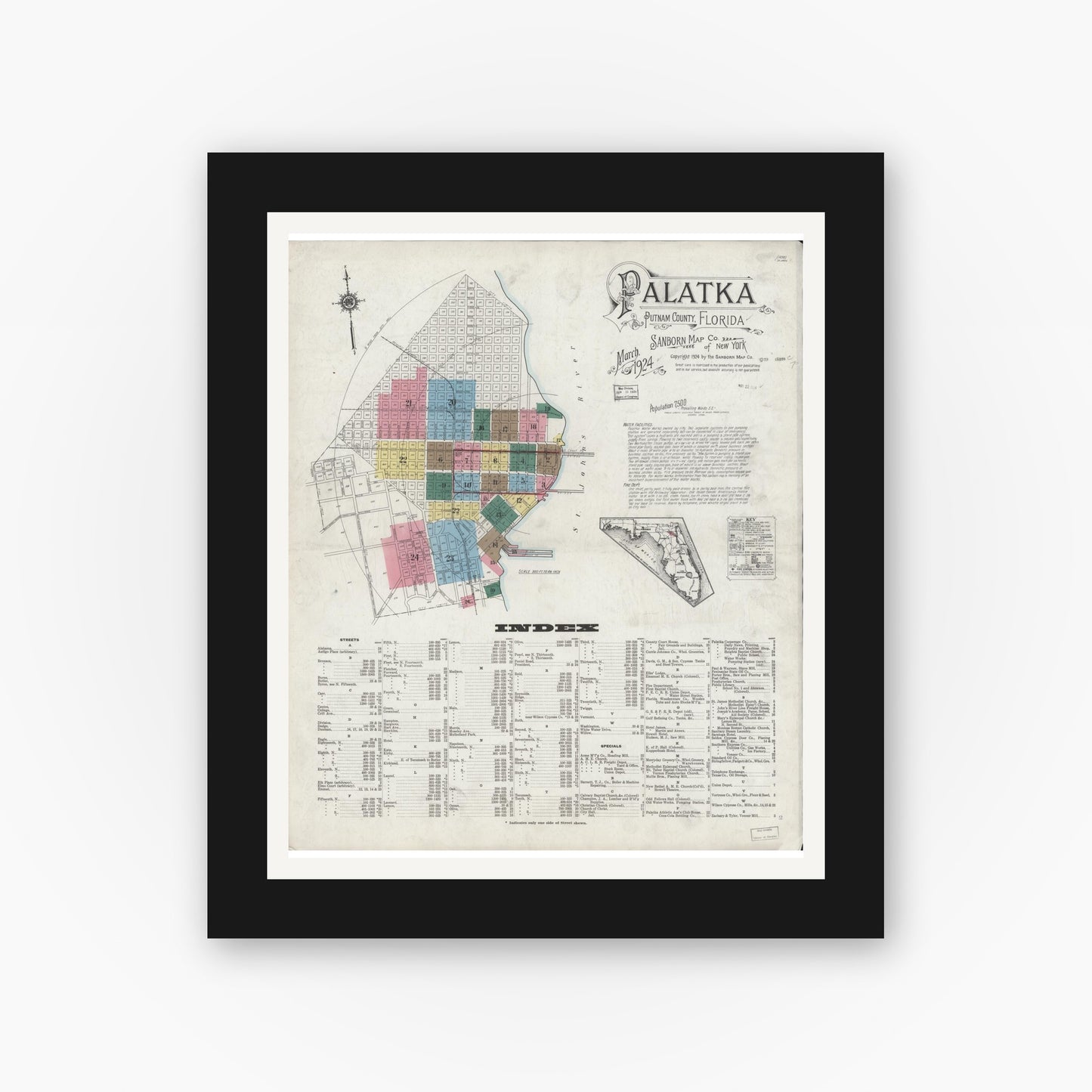Old map wall art mockup — black gallery frame with white mat — Sanborn Fire Insurance Map from Palatka, Putnam County, Florida (1924) - Complete Map Set