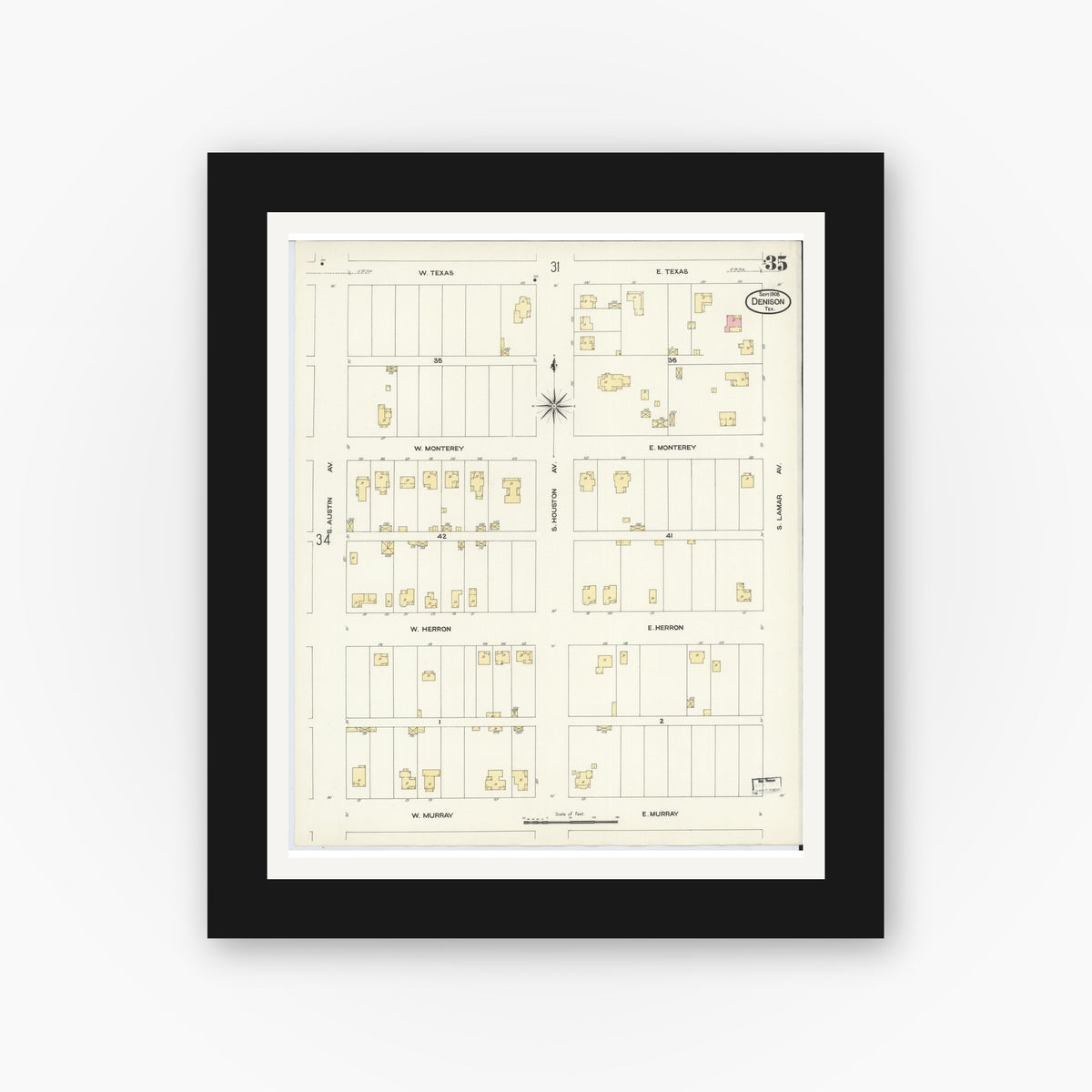 Old map wall art mockup — black gallery frame with white mat — Sanborn Fire Insurance Map from Denison, Grayson County, Texas (1908), Sheet #0035