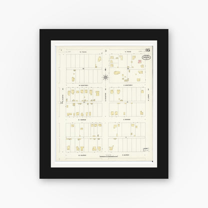 Old map wall art mockup — black gallery frame with white mat — Sanborn Fire Insurance Map from Denison, Grayson County, Texas (1908), Sheet #0035