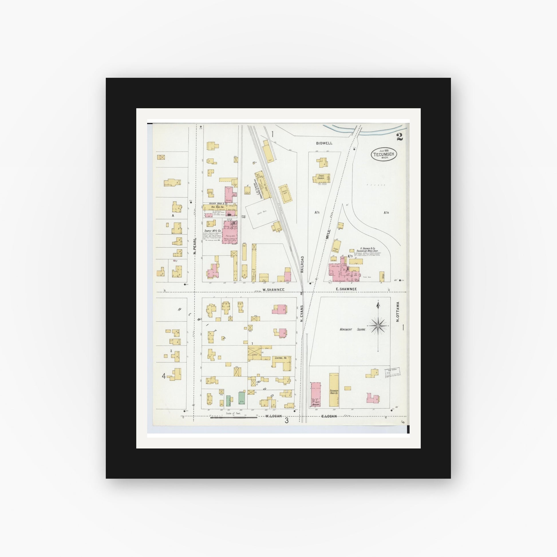 Old map wall art mockup — black gallery frame with white mat — Sanborn Fire Insurance Map from Tecumseh, Lenawee County, Michigan (1899), Sheet #0002