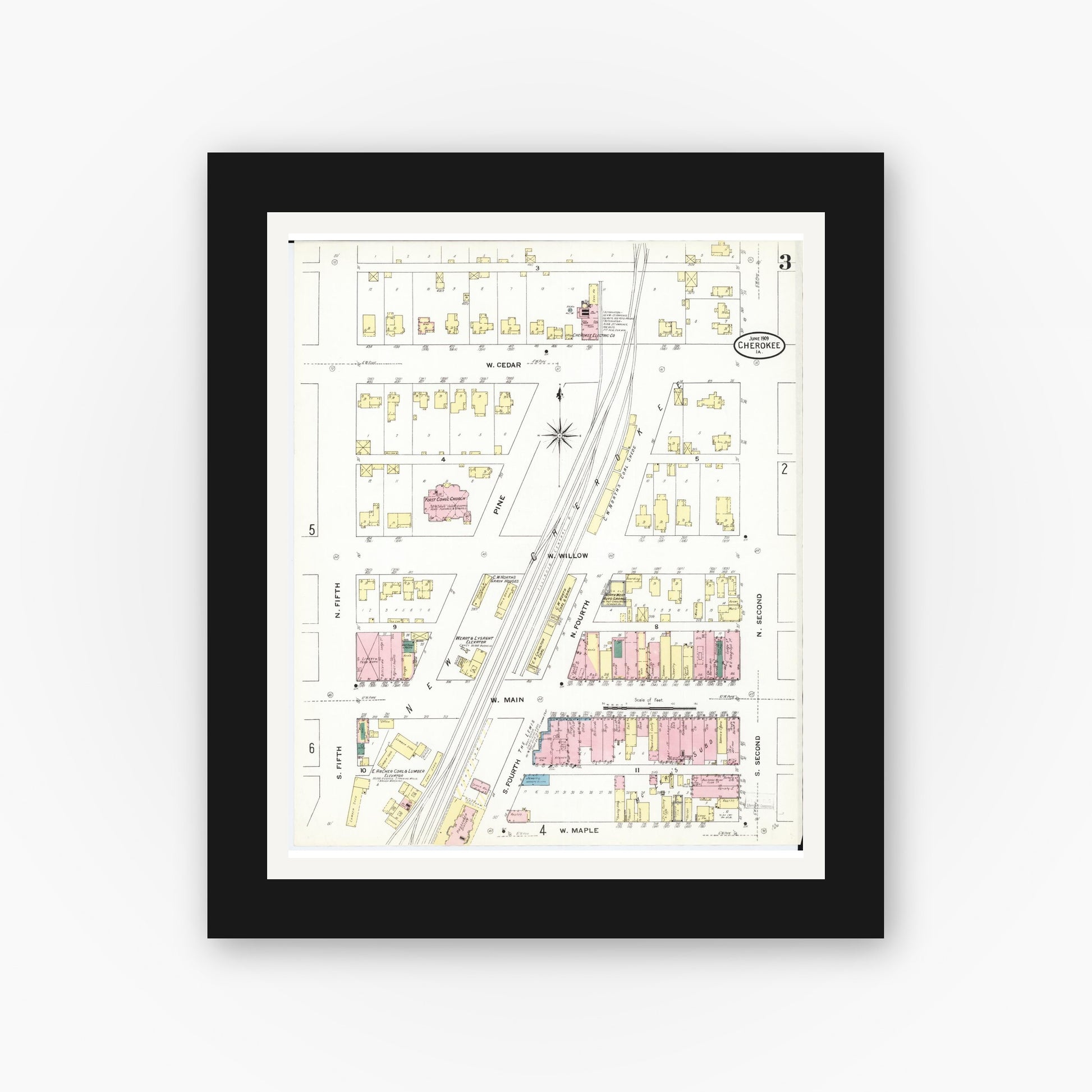 Old map wall art mockup — black gallery frame with white mat — Sanborn Fire Insurance Map from Cherokee, Cherokee County, Iowa (1909), Sheet #0003