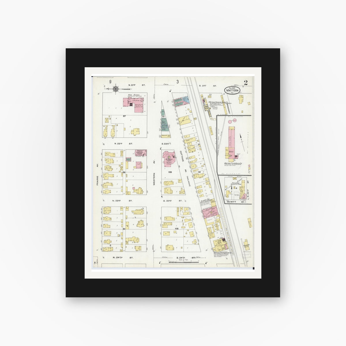 Old map wall art mockup — black gallery frame with white mat — Sanborn Fire Insurance Map from Mattoon, Coles County, Illinois (1909), Sheet #0002