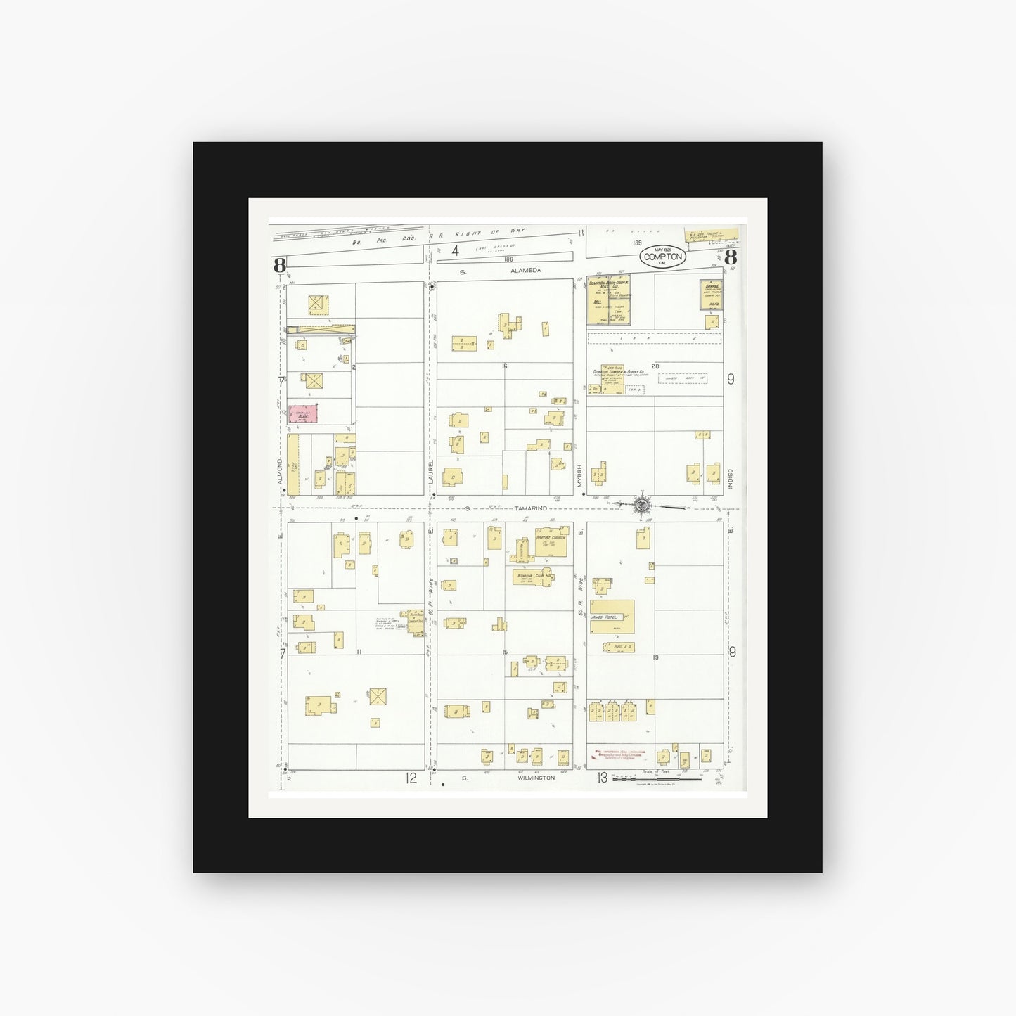 Old map wall art mockup — black gallery frame with white mat — Sanborn Fire Insurance Map from Compton, Los Angeles County, California (1925), Sheet #0008