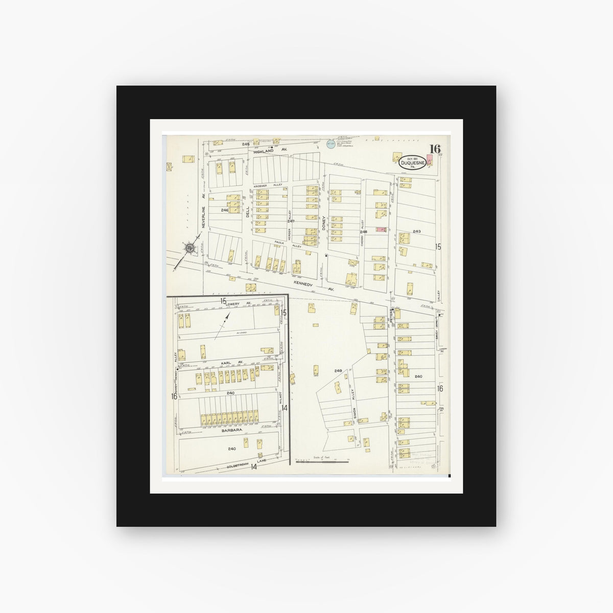 Old map wall art mockup — black gallery frame with white mat — Sanborn Fire Insurance Map from Duquesne, Allegheny County, Pennsylvania (1911), Sheet #0016