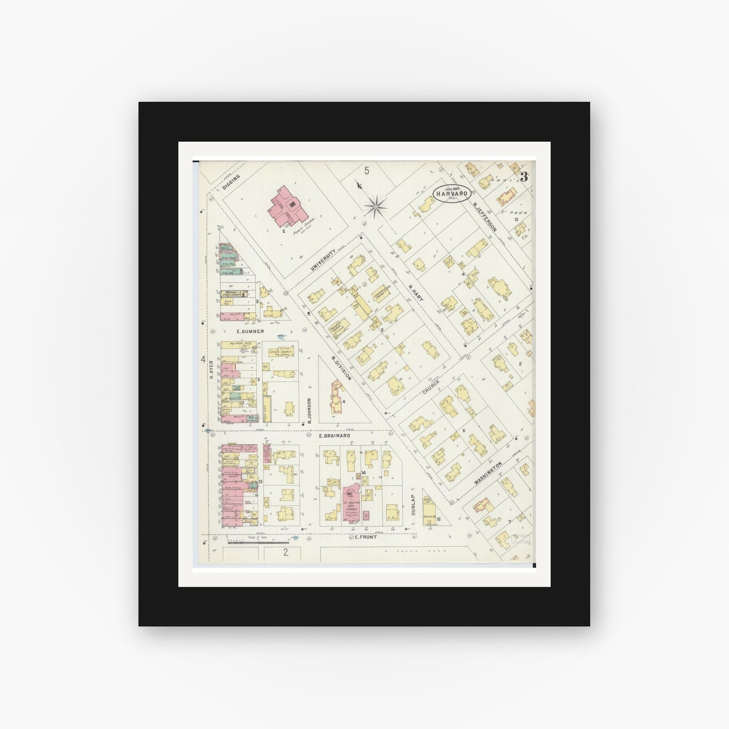 Old map wall art mockup — black gallery frame with white mat — Sanborn Fire Insurance Map from Harvard, McHenry County, Illinois (1897), Sheet #0003