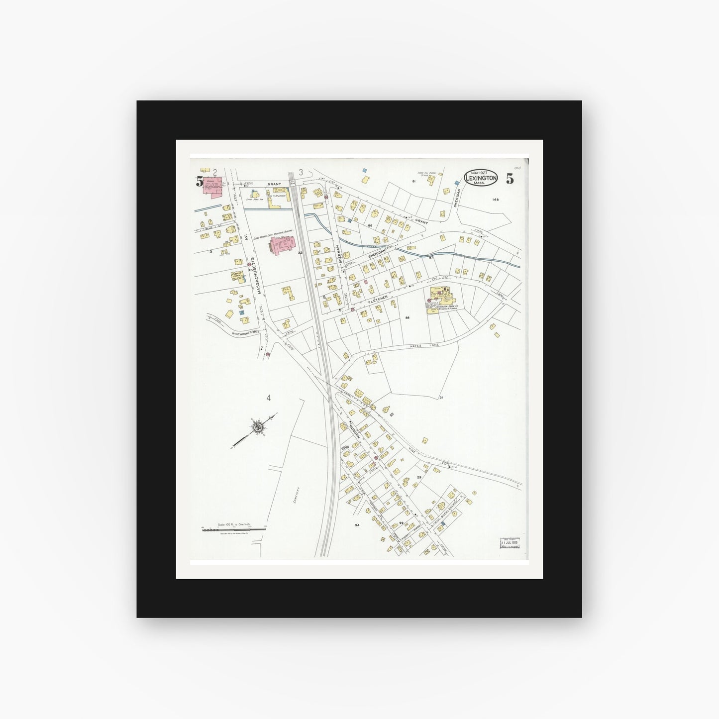 Old map wall art mockup — black gallery frame with white mat — Sanborn Fire Insurance Map from Lexington, Middlesex County, Massachusetts (1927), Sheet #0005