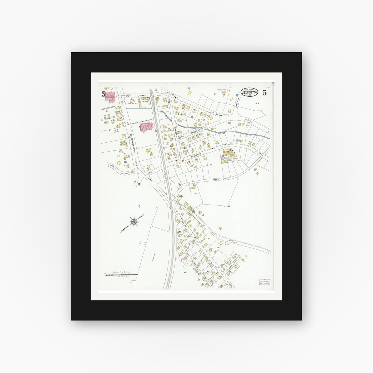 Old map wall art mockup — black gallery frame with white mat — Sanborn Fire Insurance Map from Lexington, Middlesex County, Massachusetts (1927), Sheet #0005