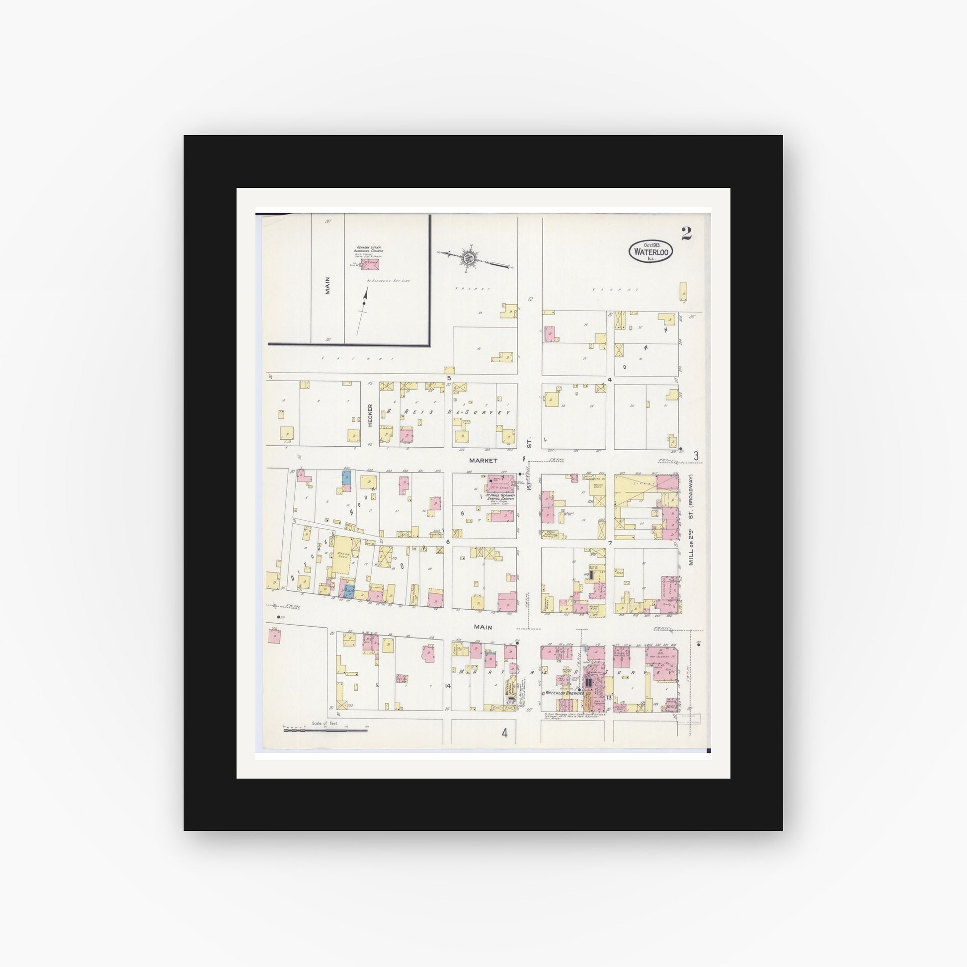 Old map wall art mockup — black gallery frame with white mat — Sanborn Fire Insurance Map from Waterloo, Monroe County, Illinois (1913), Sheet #0002