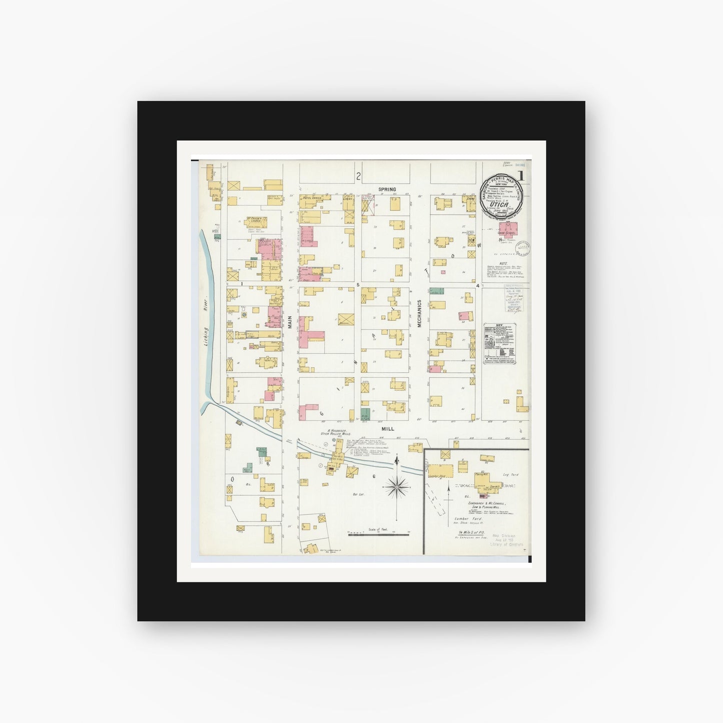 Old map wall art mockup — black gallery frame with white mat — Sanborn Fire Insurance Map from Utica, Licking County, Ohio (1900), Sheet #0001