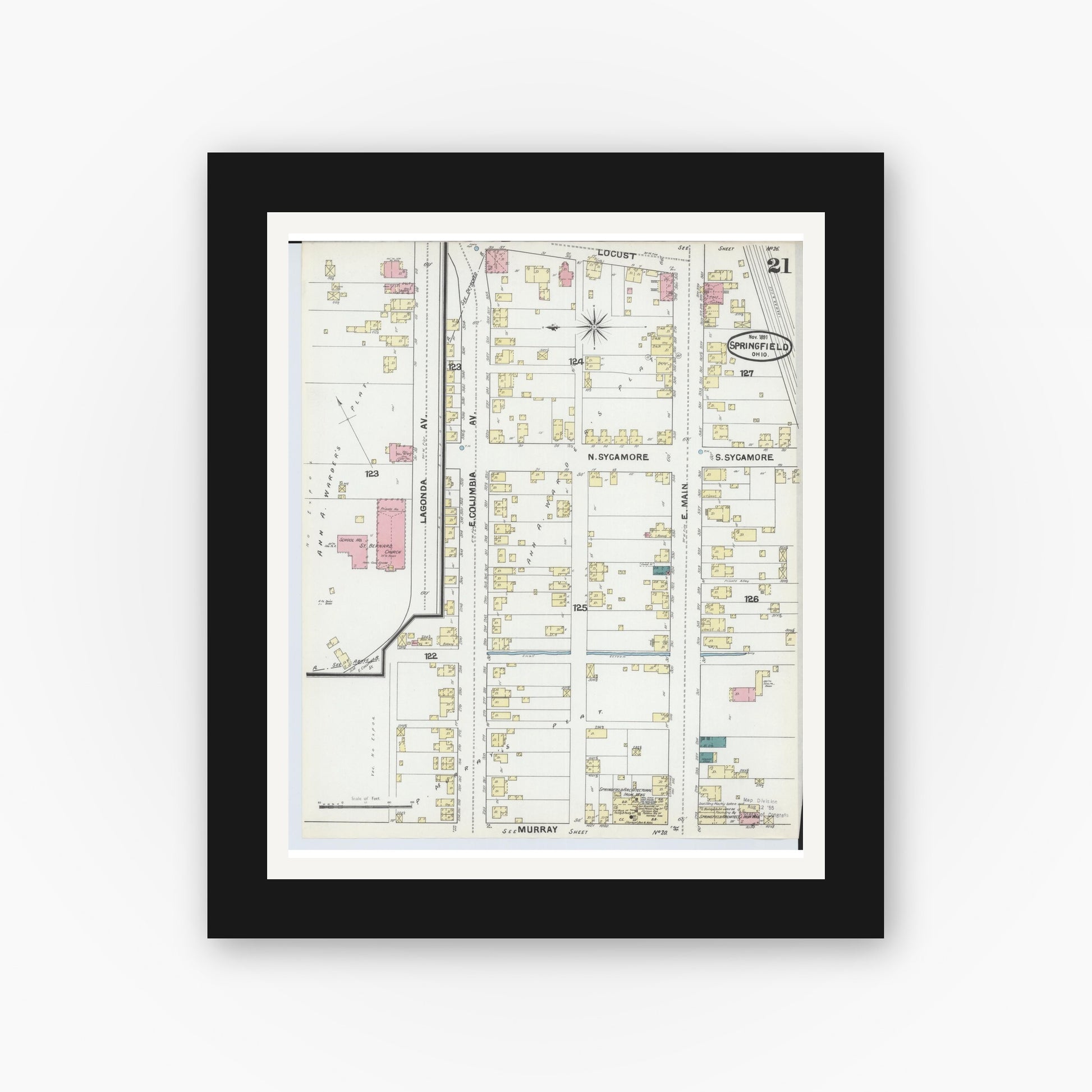 Old map wall art mockup — black gallery frame with white mat — Sanborn Fire Insurance Map from Springfield, Clark County, Ohio (1891), Sheet #0021