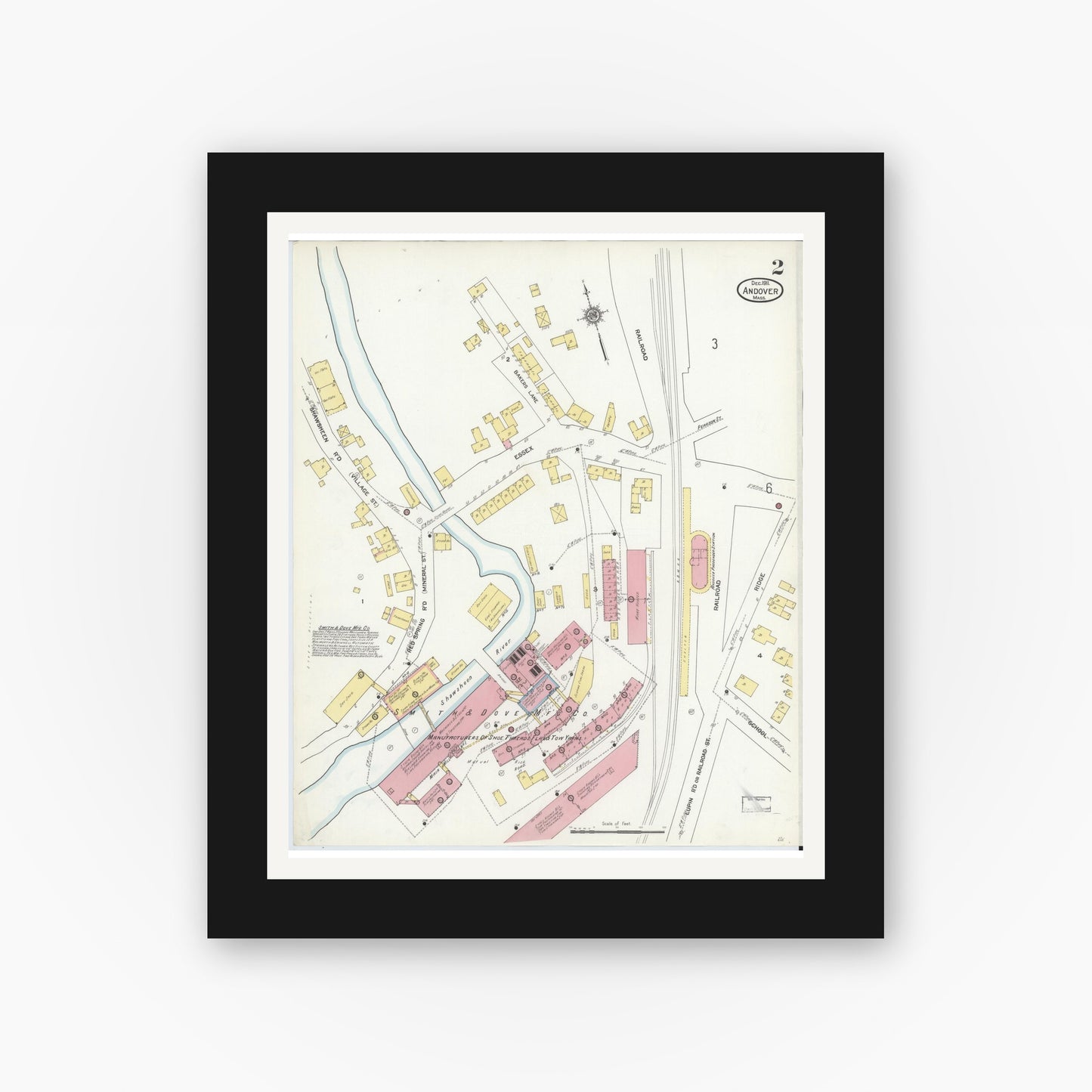 Old map wall art mockup — black gallery frame with white mat — Sanborn Fire Insurance Map from Andover, Essex County, Massachusetts (1911), Sheet #0002