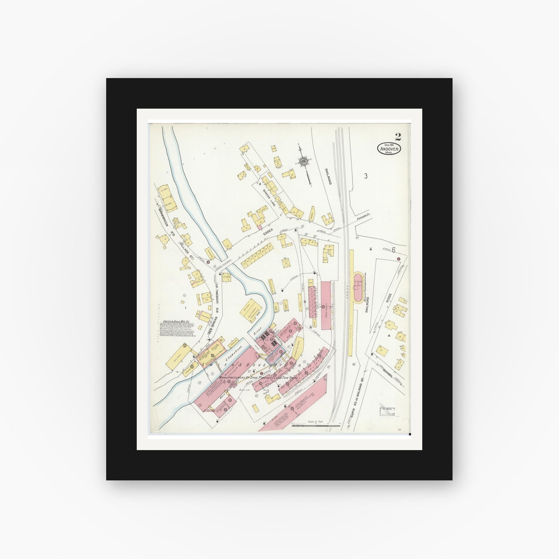 Old map wall art mockup — black gallery frame with white mat — Sanborn Fire Insurance Map from Andover, Essex County, Massachusetts (1911), Sheet #0002