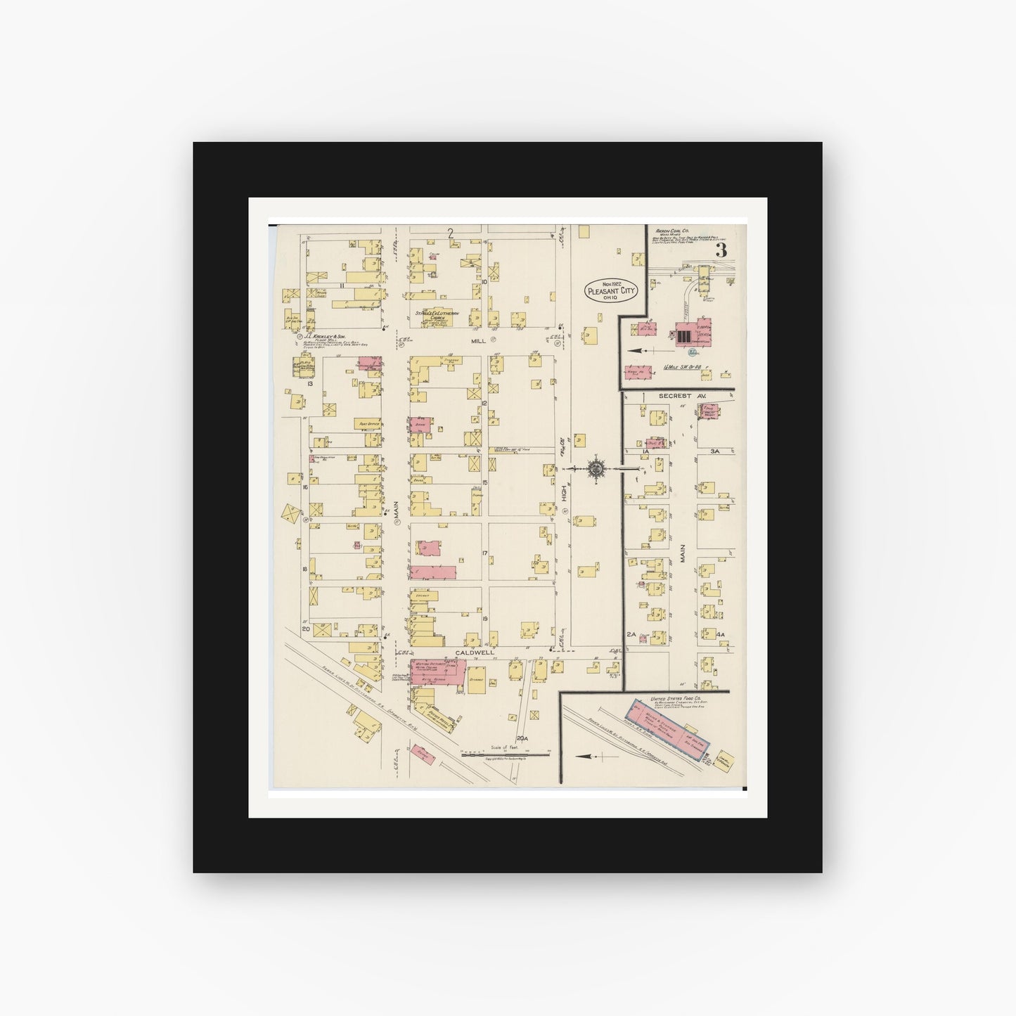 Old map wall art mockup — black gallery frame with white mat — Sanborn Fire Insurance Map from Pleasant City, Guernsey County, Ohio (1922), Sheet #0003