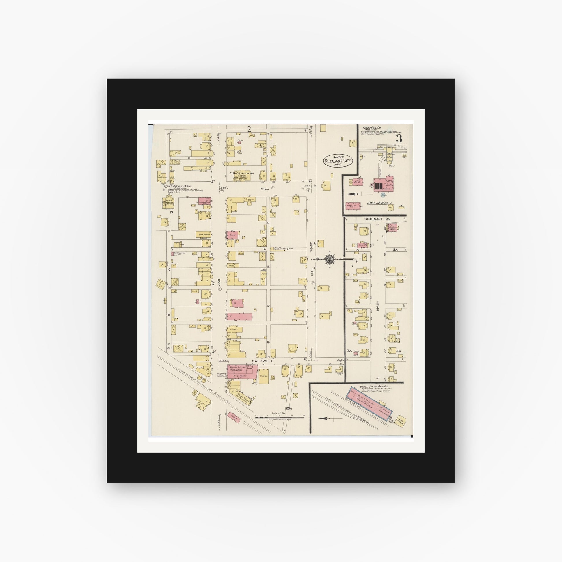 Old map wall art mockup — black gallery frame with white mat — Sanborn Fire Insurance Map from Pleasant City, Guernsey County, Ohio (1922), Sheet #0003