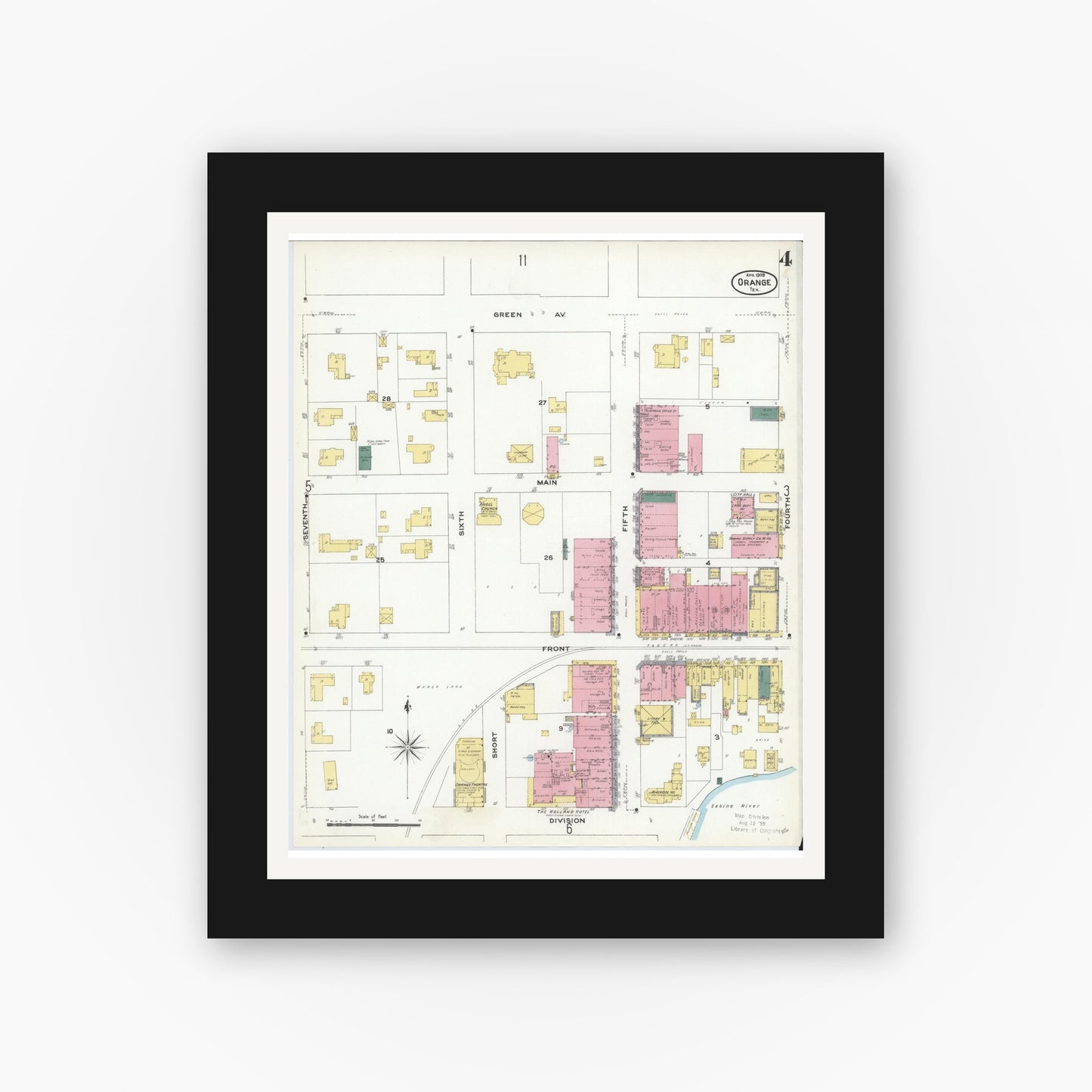 Old map wall art mockup — black gallery frame with white mat — Sanborn Fire Insurance Map from Orange, Orange County, Texas (1909), Sheet #0004